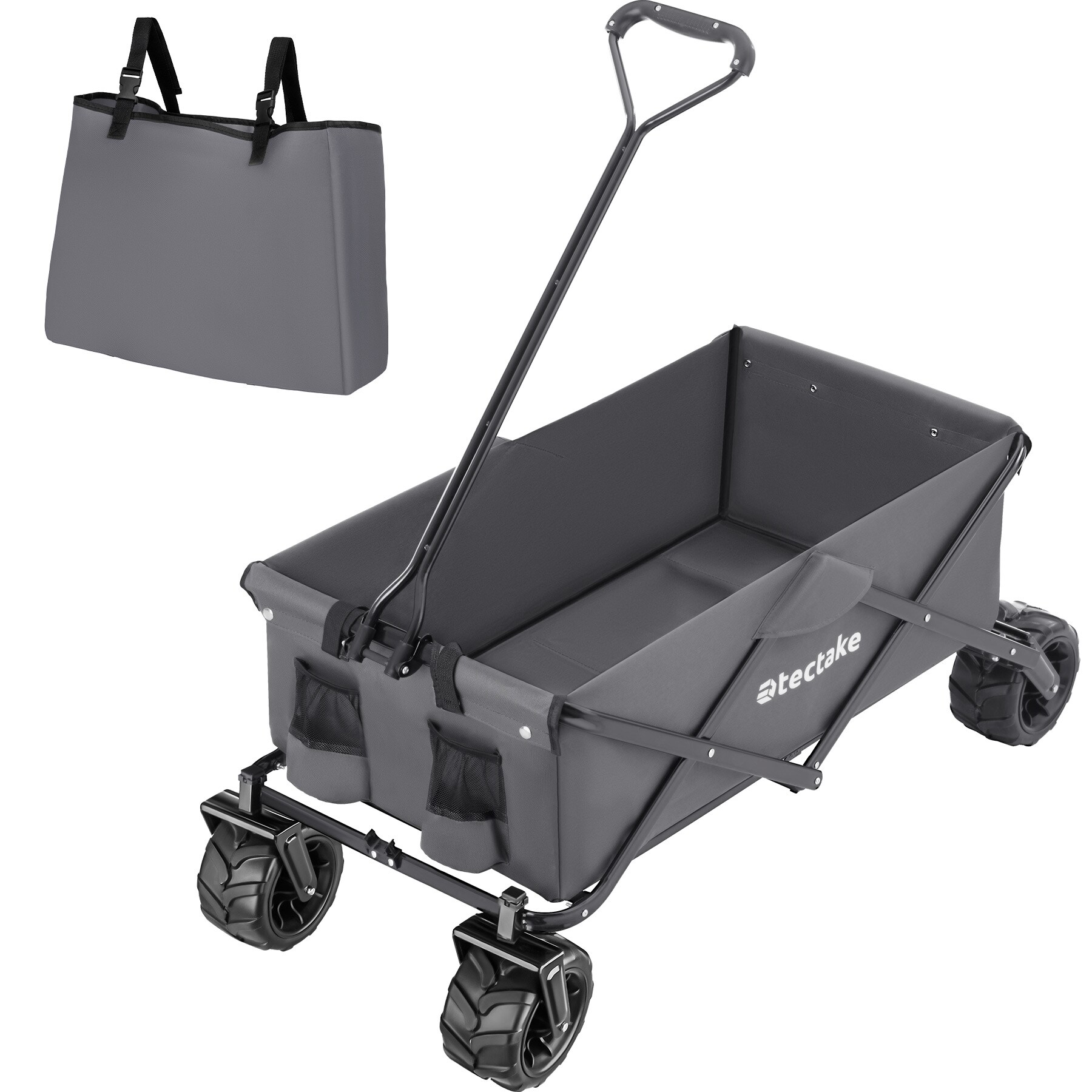 tectake® Bollerwagen, faltbar, abnehmbarer Stoffeinsatz mit 2 Netztaschen, inklusive Tragetasche, Belastbarkeit 80 kg