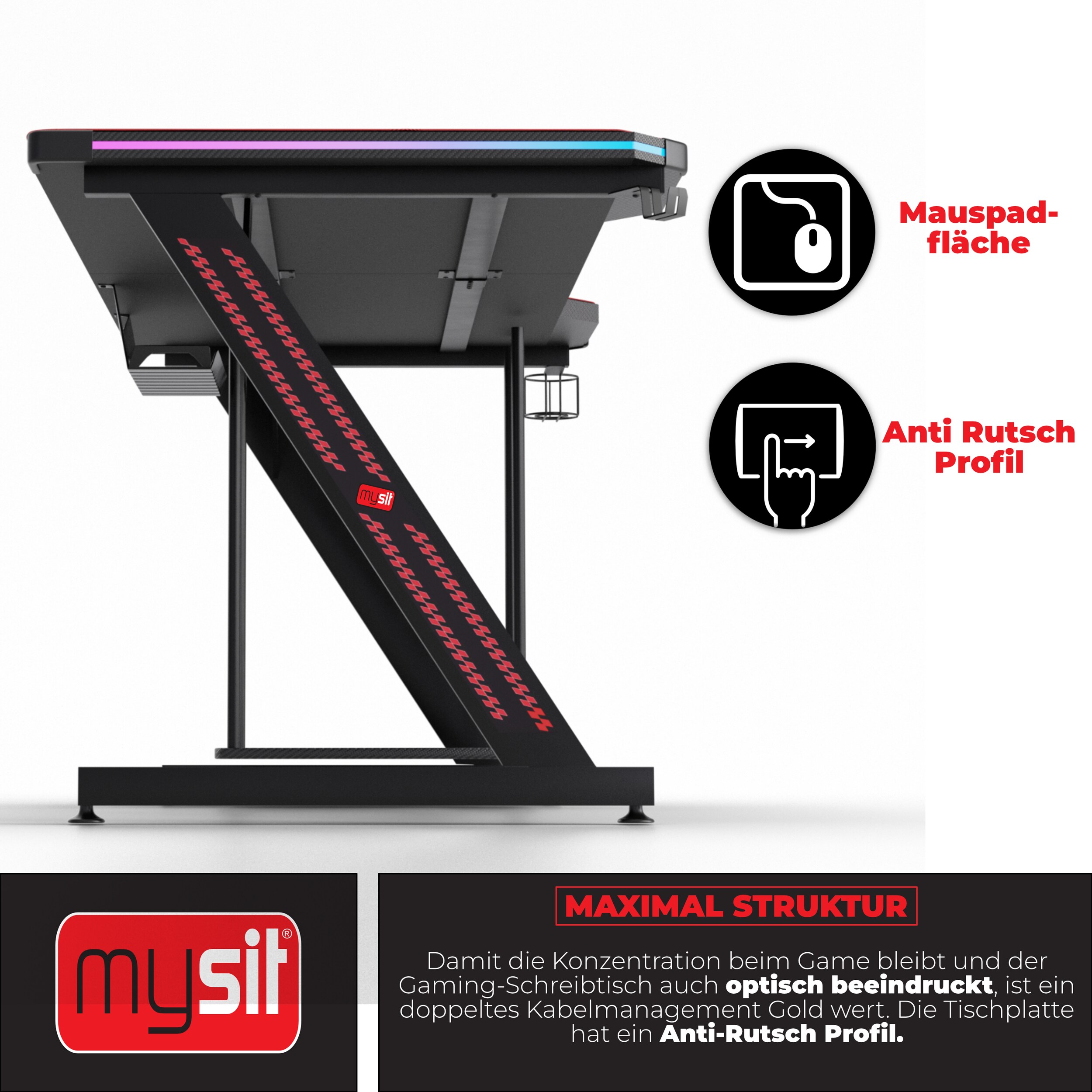 MY SIT Gaming Tisch 140 cm TITAN mit LED Beleuchtung und Mauspad