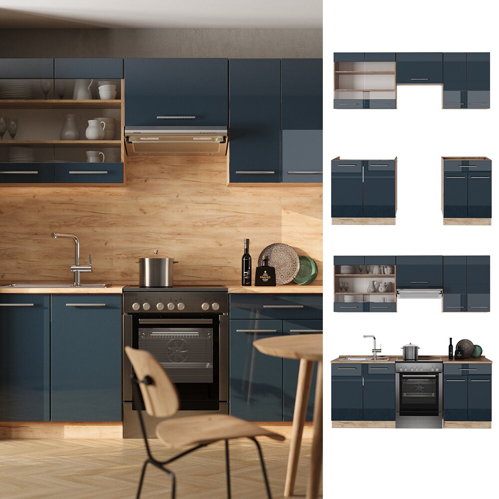 Vicco Küchenzeile Fame-Line Eiche Dunkelblau Hochglanz 200 cm mit Arbeitsplatte Weiß-Marmor