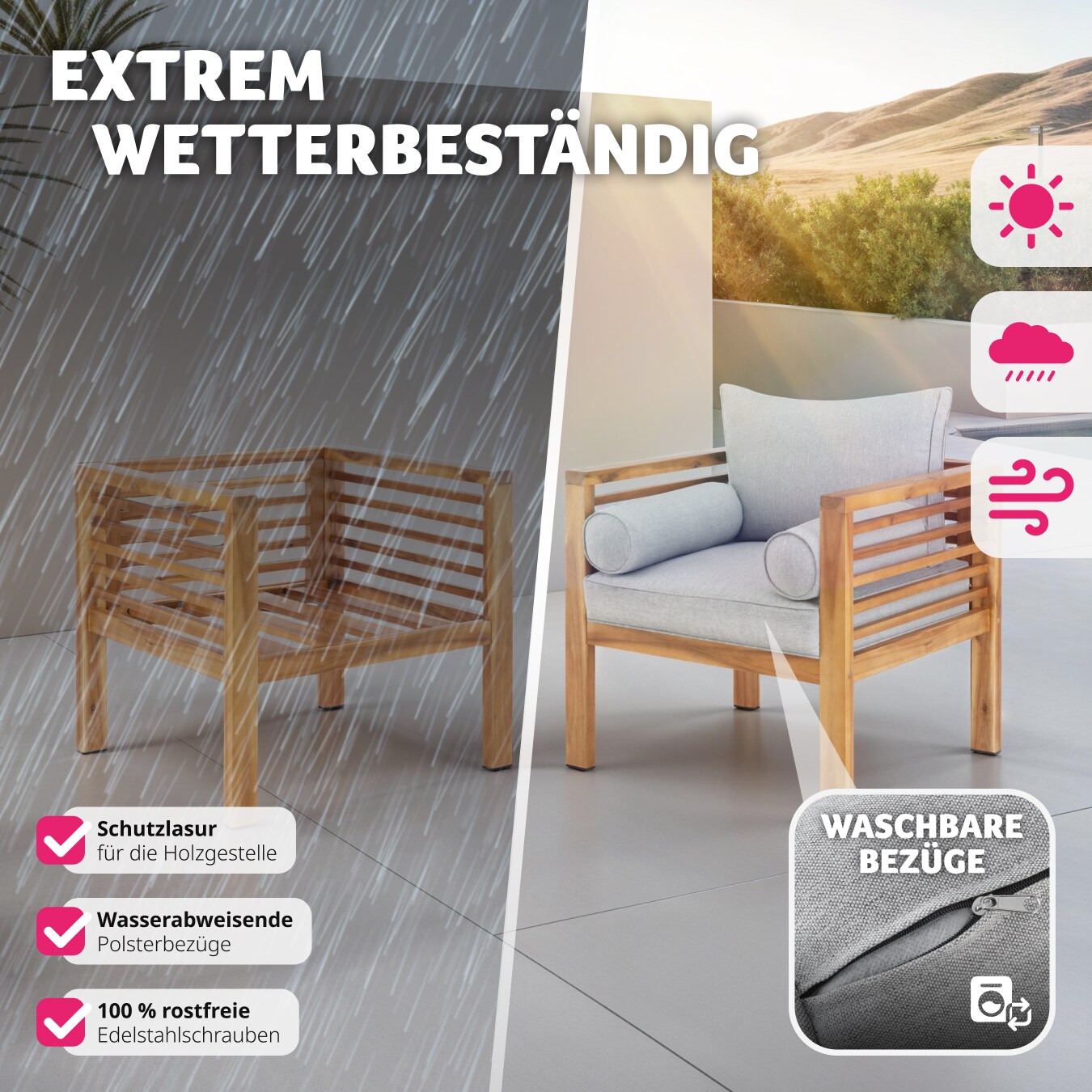 tectake® Garten-Loungesessel, mit lasiertem Holzgestell, Dicke der Sitzpolster 12 cm, bodenschonende Kunststoffkappen, 72 x 63 x 64,5 cm