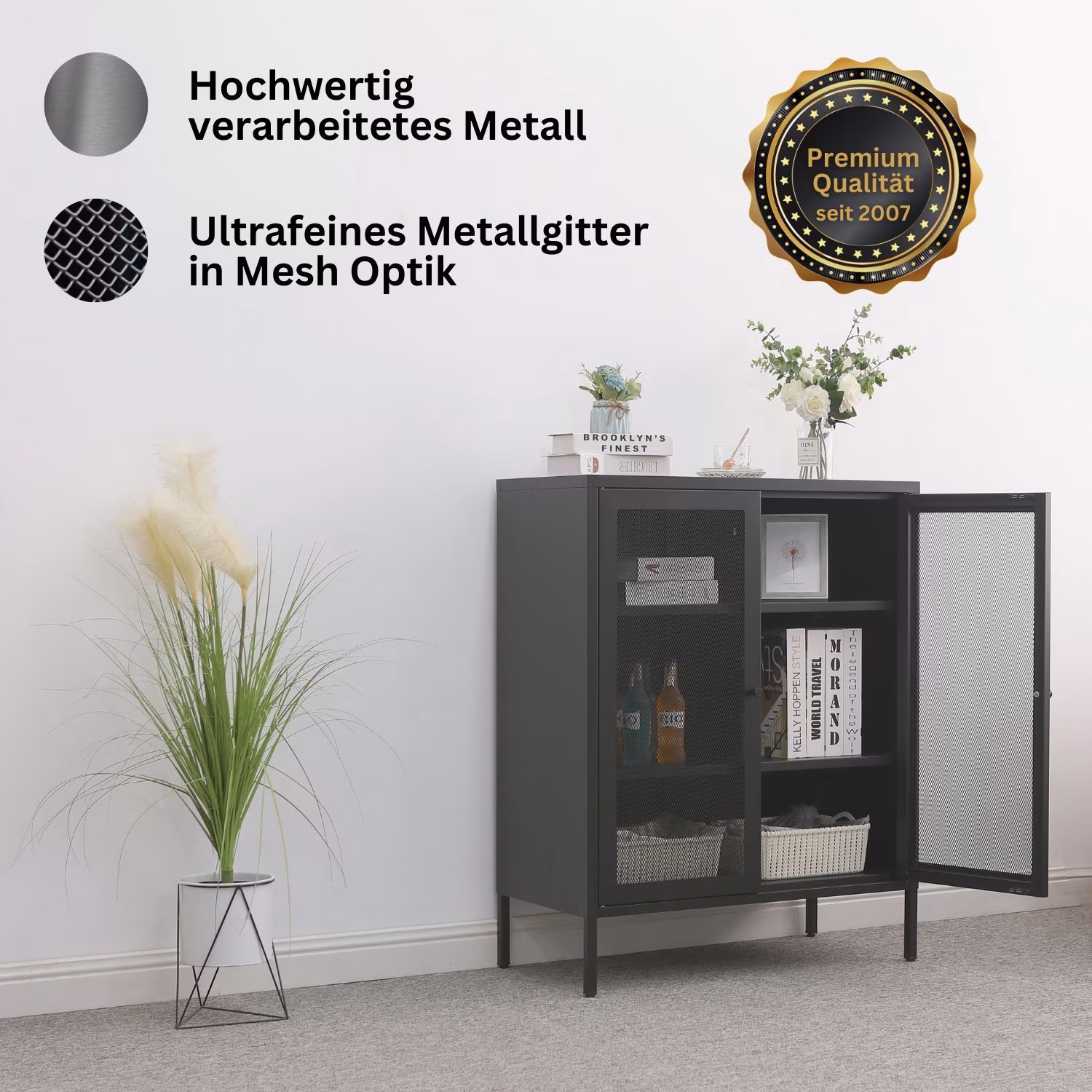 Mein-Regal Highboard Mesh 80x40x100cm aus Metall mit Meshtüren schwarz