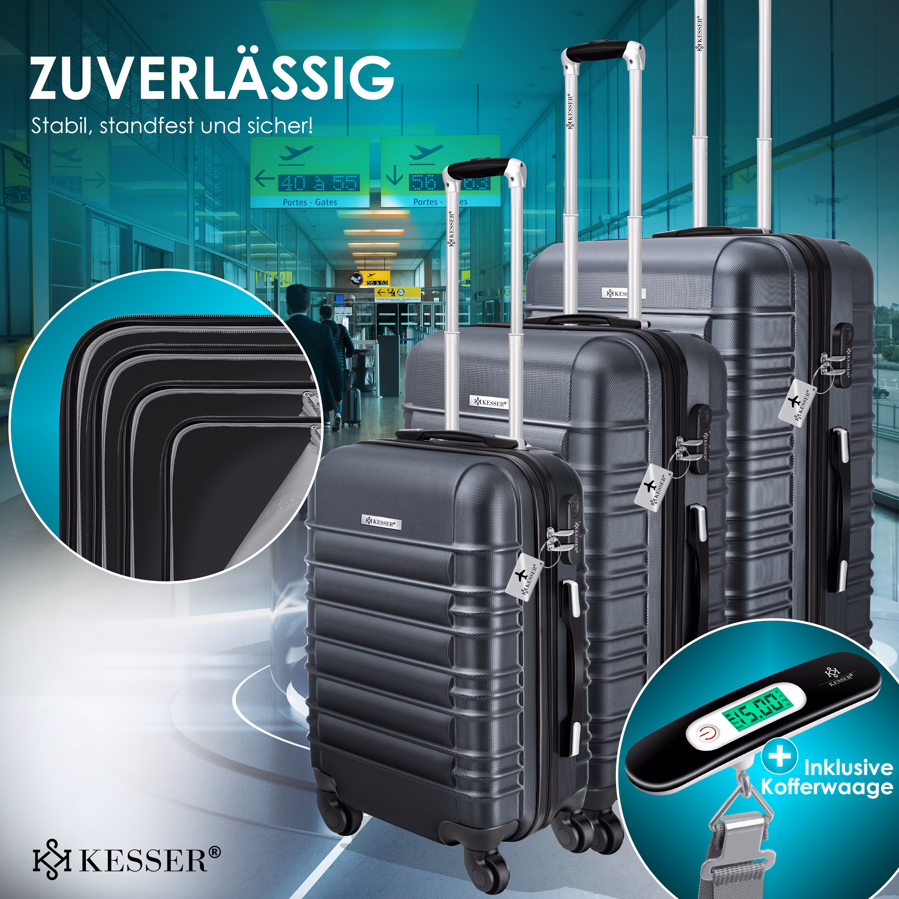 KESSER® 3tlg. Hartschalenkofferset Hartschalenkoffer Reisekoffer Set Reisekofferset Trolley Koffer Inkl. Kofferwaage + Gepäckanhänger Rollkoffer Schloss 4 Rollen ABS-Hartschale Teleskopgriff M-L-XL