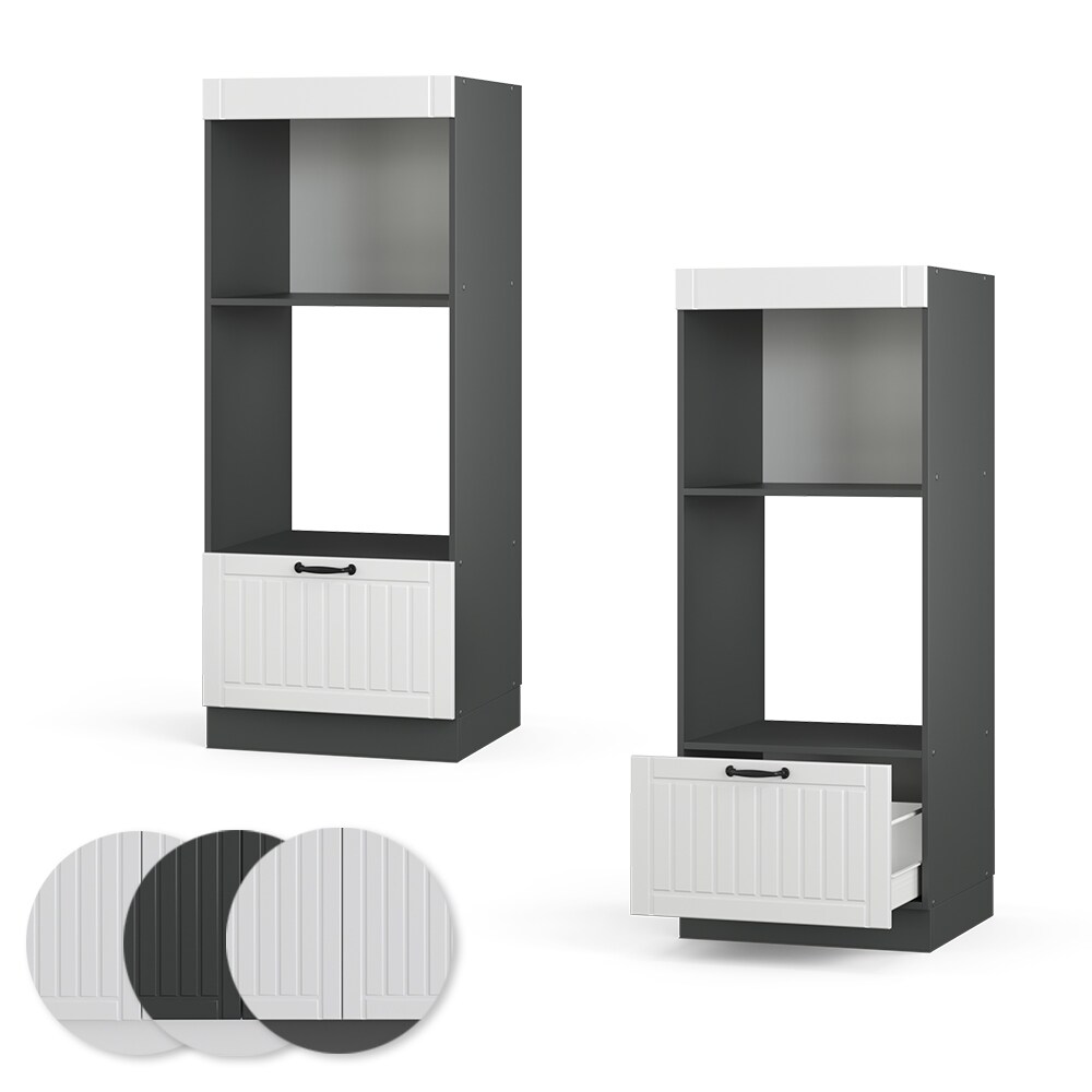 Vicco Mikrowellenumbauschrank Küchenschrank Küchenmöbel Fame-Line Landhaus Anthrazit Weiß 60 cm Küche Einbauküche Blende Hochschrank Schublade Mikrowelle Backofen Küchenzeile