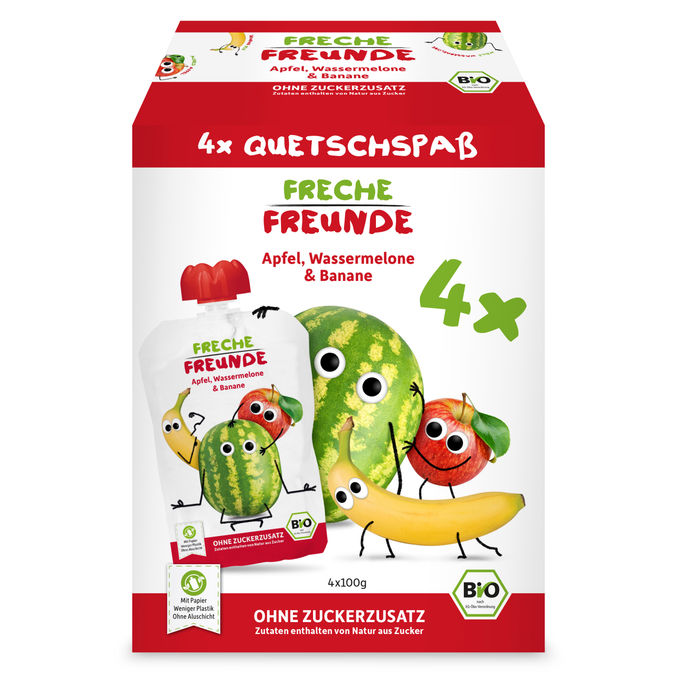 BIO Quetschie Apfel, Wassermelone & Banane, 4er Pack, 4 x 100g von Freche Freunde