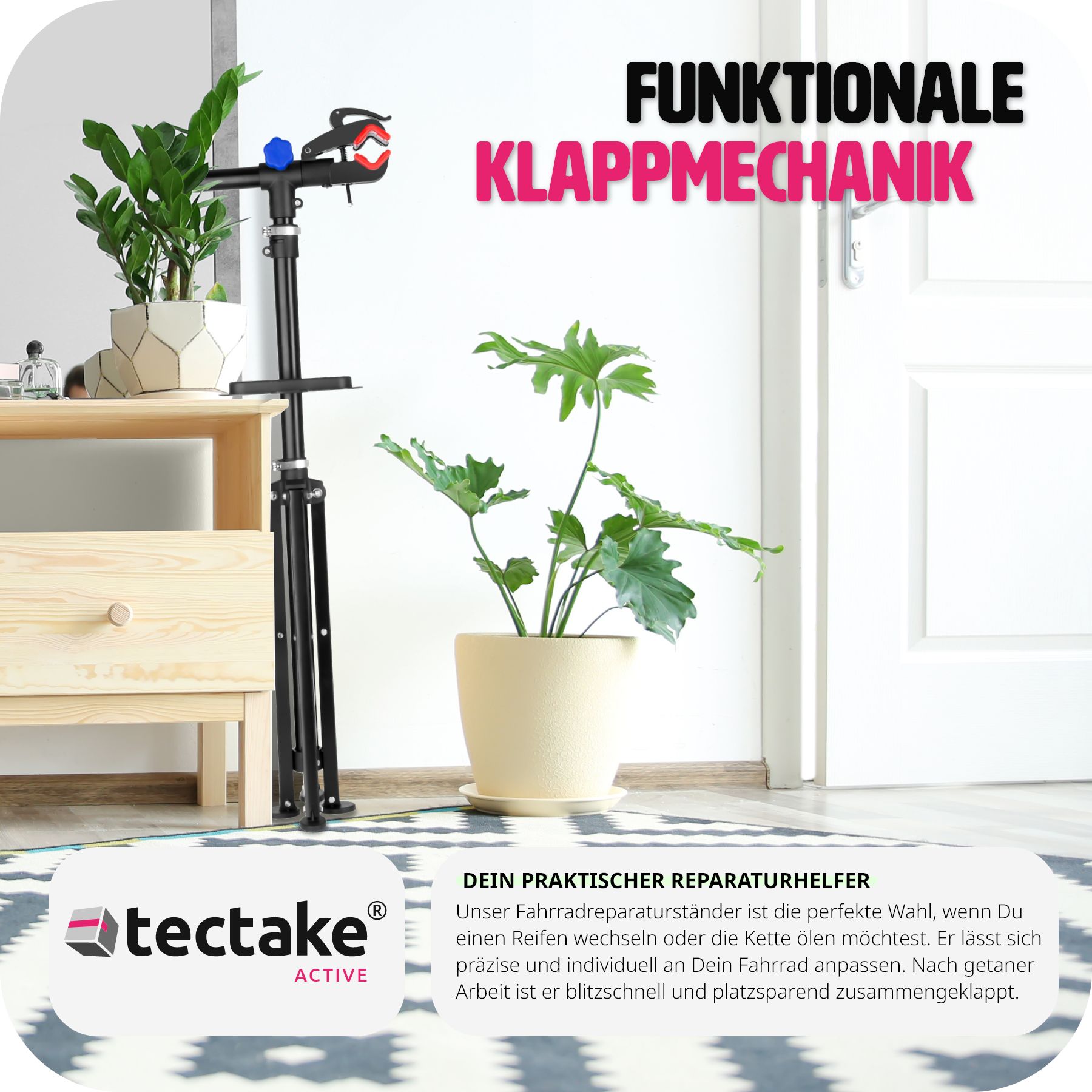 tectake® Fahrradmontageständer, klappbar, für alle gängigen Modelle, lackschonend, inklusive Werkzeugablage