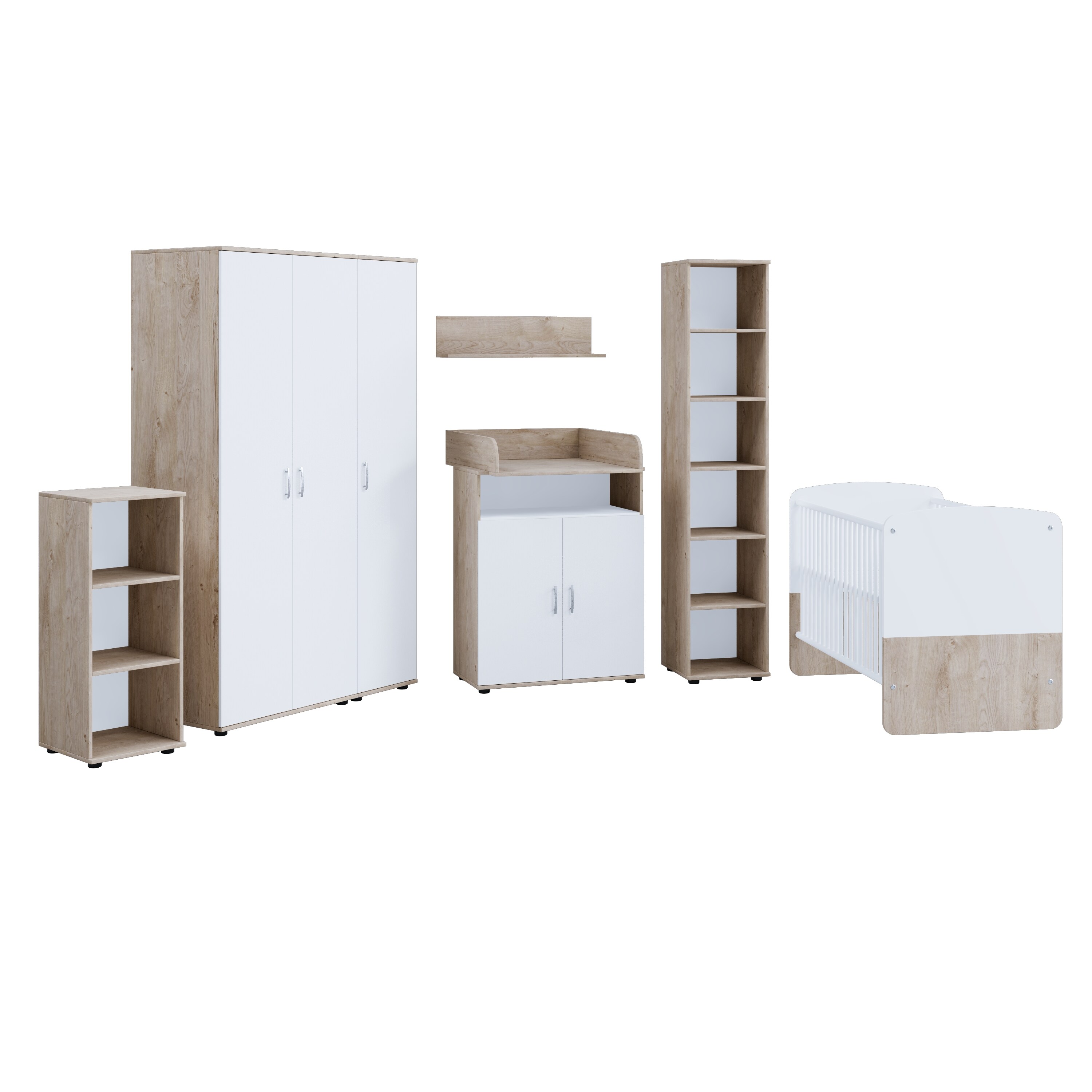 nonjoo. Babyzimmer Lani Set 10: best. aus Babybett, Kommode, Wickelaufsatz, Wandboard, Regal mit 3 Fächern, Regal mit 6 Fächern und Kleiderschrank 3-trg.