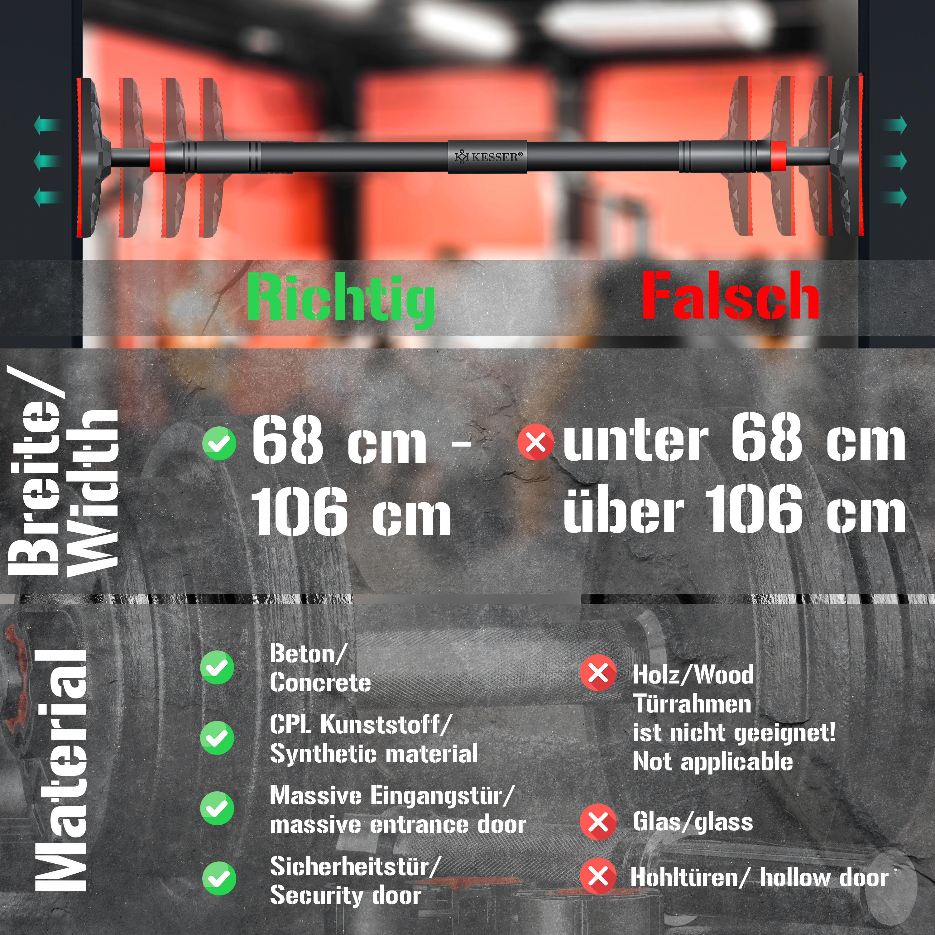 KESSER® Klimmzugstange Türrahmen verstellbar, Pull Up Bar Heimturnhalle, Reckstange ohne Schrauben/Bohren, 68-106 cm Ausziehbar, Tragfähigkeit bis zu 300Kg & rutschfeste Griffe, inkl. Resistenzbänder