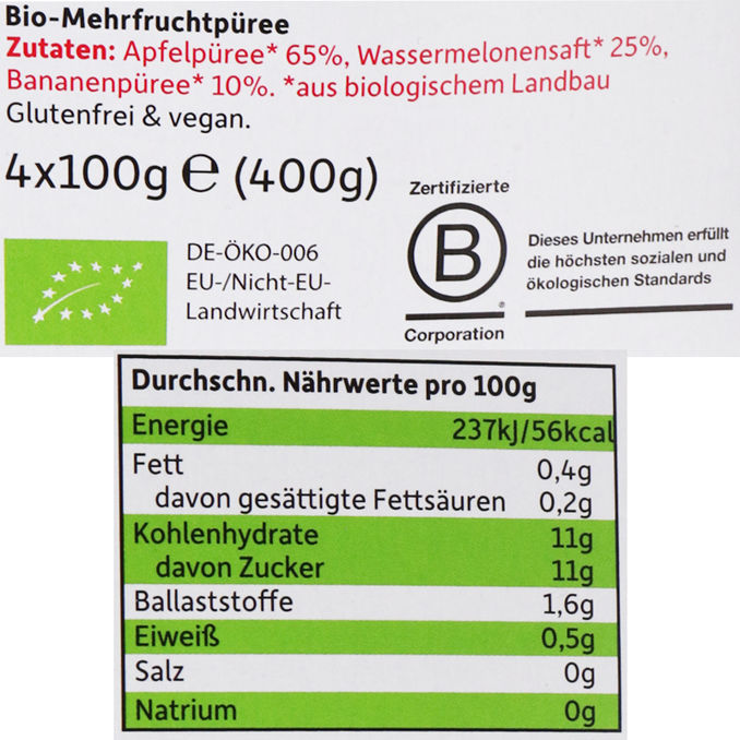 BIO Quetschie Apfel, Wassermelone & Banane, 4er Pack, 4 x 100g von Freche Freunde