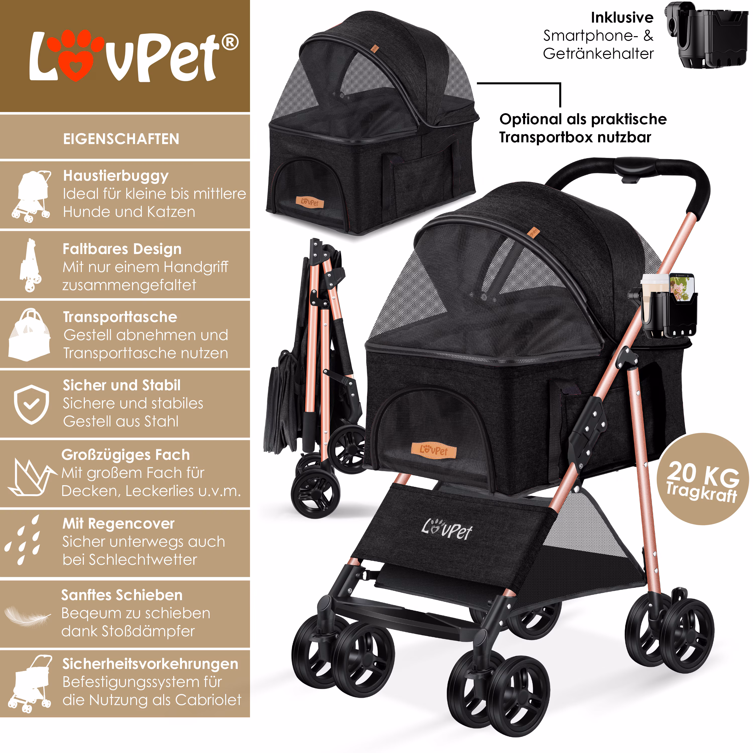 LOVPET® Hundewagen 2in1 Hundebuggy Hundebox Transporttasche Faltbar klappbar bis 20 kg Haustiere Buggy mit Netzfenstern & Regenschutzabdeckung Jogger Katzenbuggy für kleine Hunde Katzen