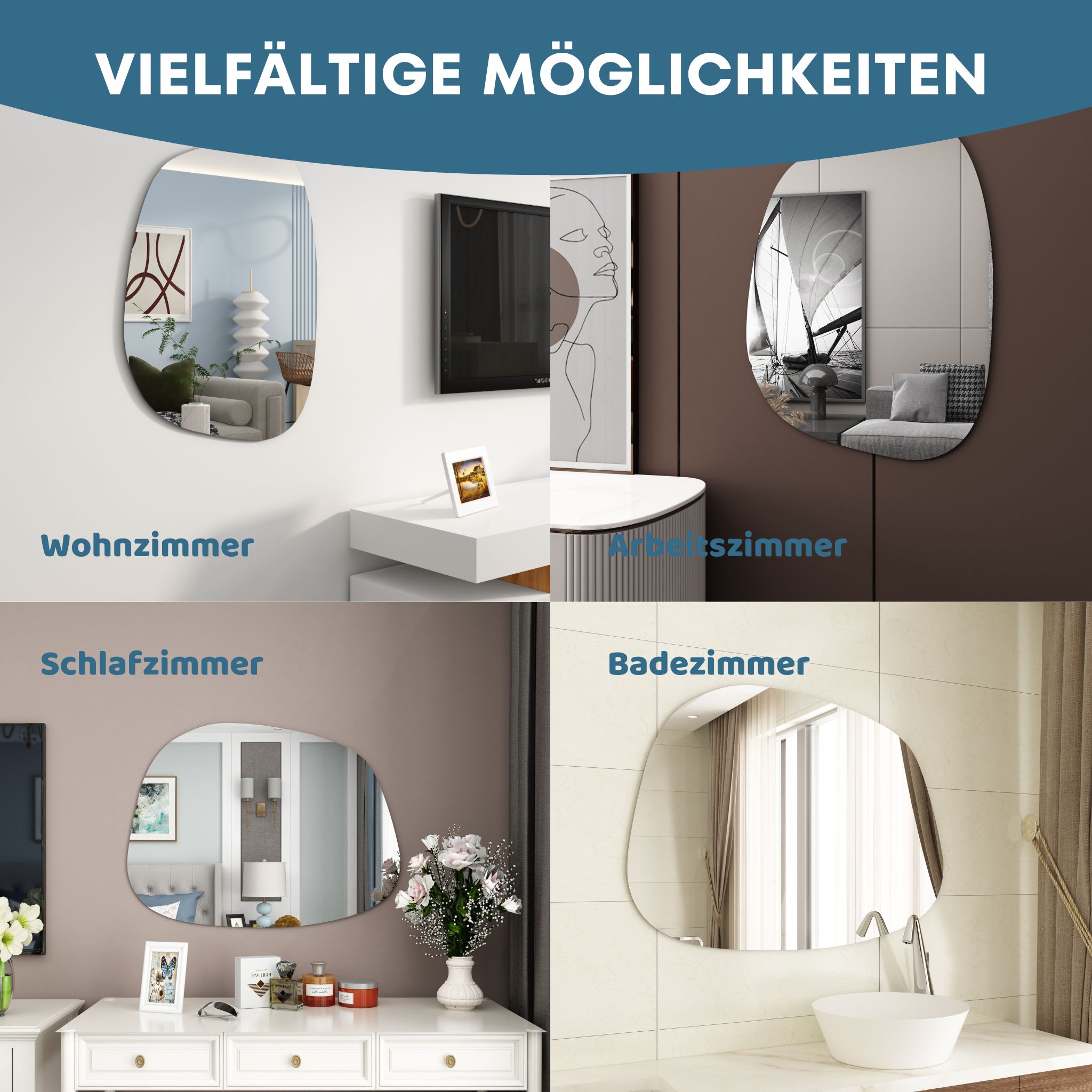 Albatros Designerspiegel Asymmetrisch 75 x 55 cm Wandspiegel oder Türspiegel, Moderne organische FormSpiegel Oval und Groß Asymmetrischer Spiegel unförmig und Rahmenlos
