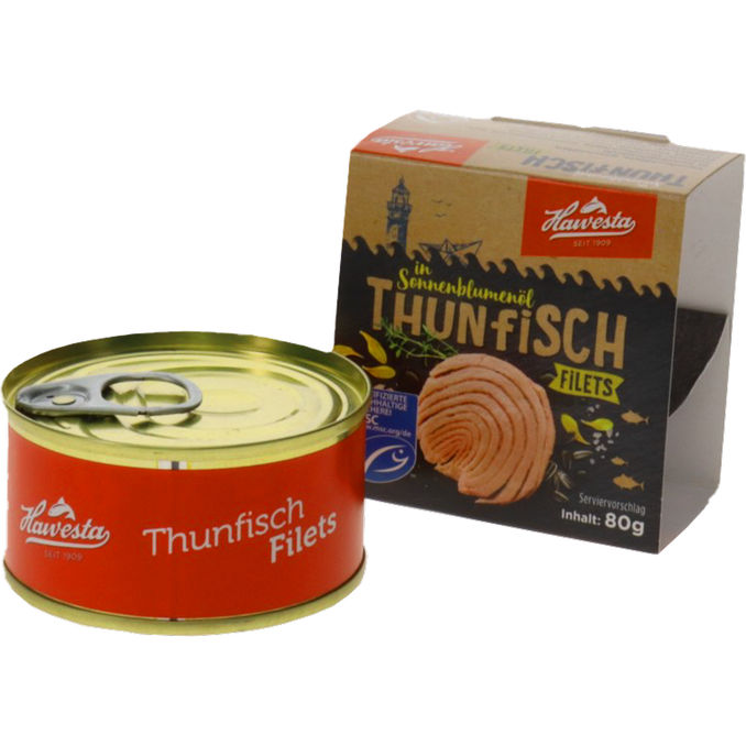 Thunfisch Filets in Sonnenblumenöl, 80g von Hawesta