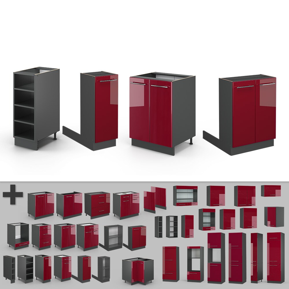 Vicco Kücheninsel Küchenblock Einbauküche Fame-Line Anthrazit Bordeaux Rot 90 cm modern Hochglanz Küchen Schränke Regalunterschrank Küchenunterschrank Regalinselunterschrank Softclose-Scharnier Küchenmöbel
