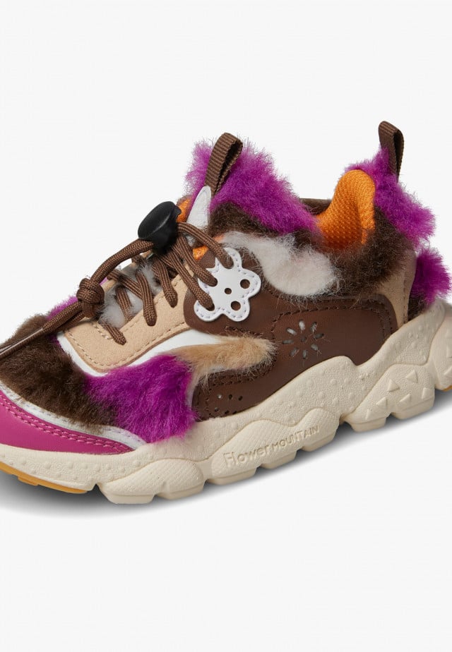 DOI JUNIOR.Sneakers aus Kunstleder und Wolle, Fuchsia-Braun