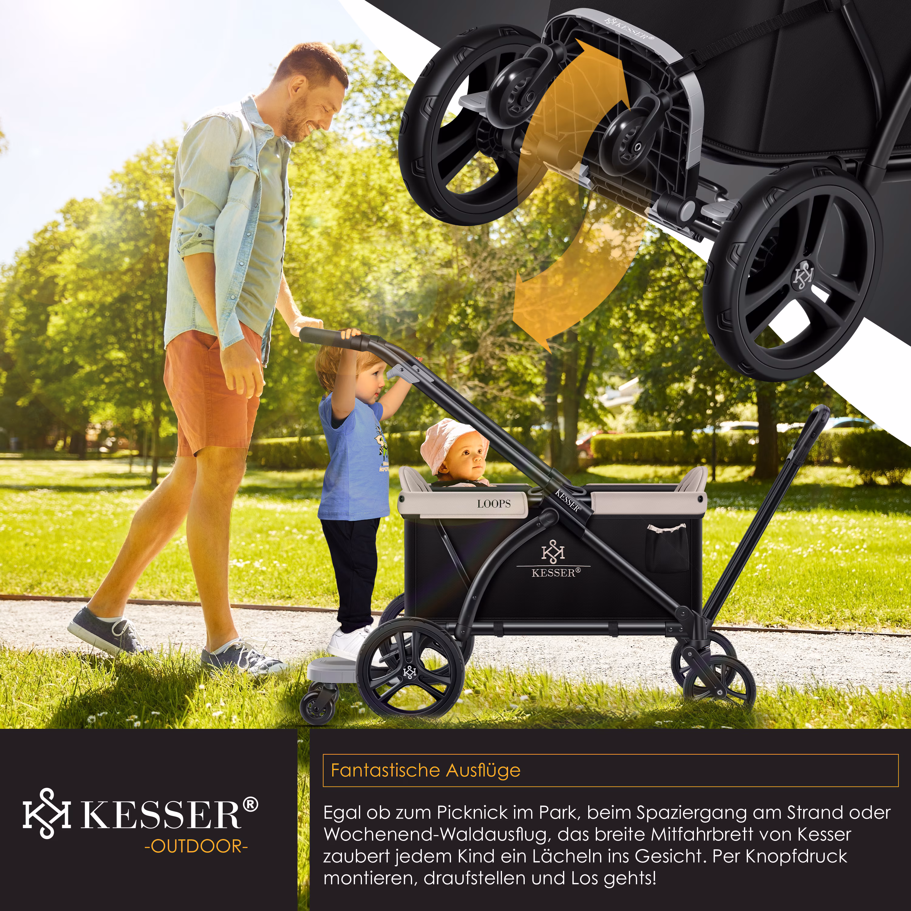 KESSER® Trittbrett Mitfahrbrett Zubehör passend für LOOPS Faltbarer Bollerwagen Handwagen ,mit 360° drehbaren Rädern,bis zu 25 Kg belastbar