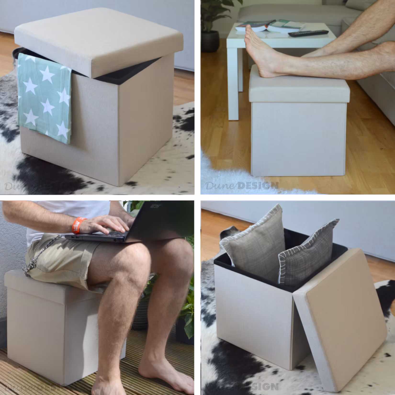 DuneDesign Faltbarer Sitzhocker 38cm Fußhocker Polsterhocker mit ca 42L Stauraum Sitzwürfel Sitzkast