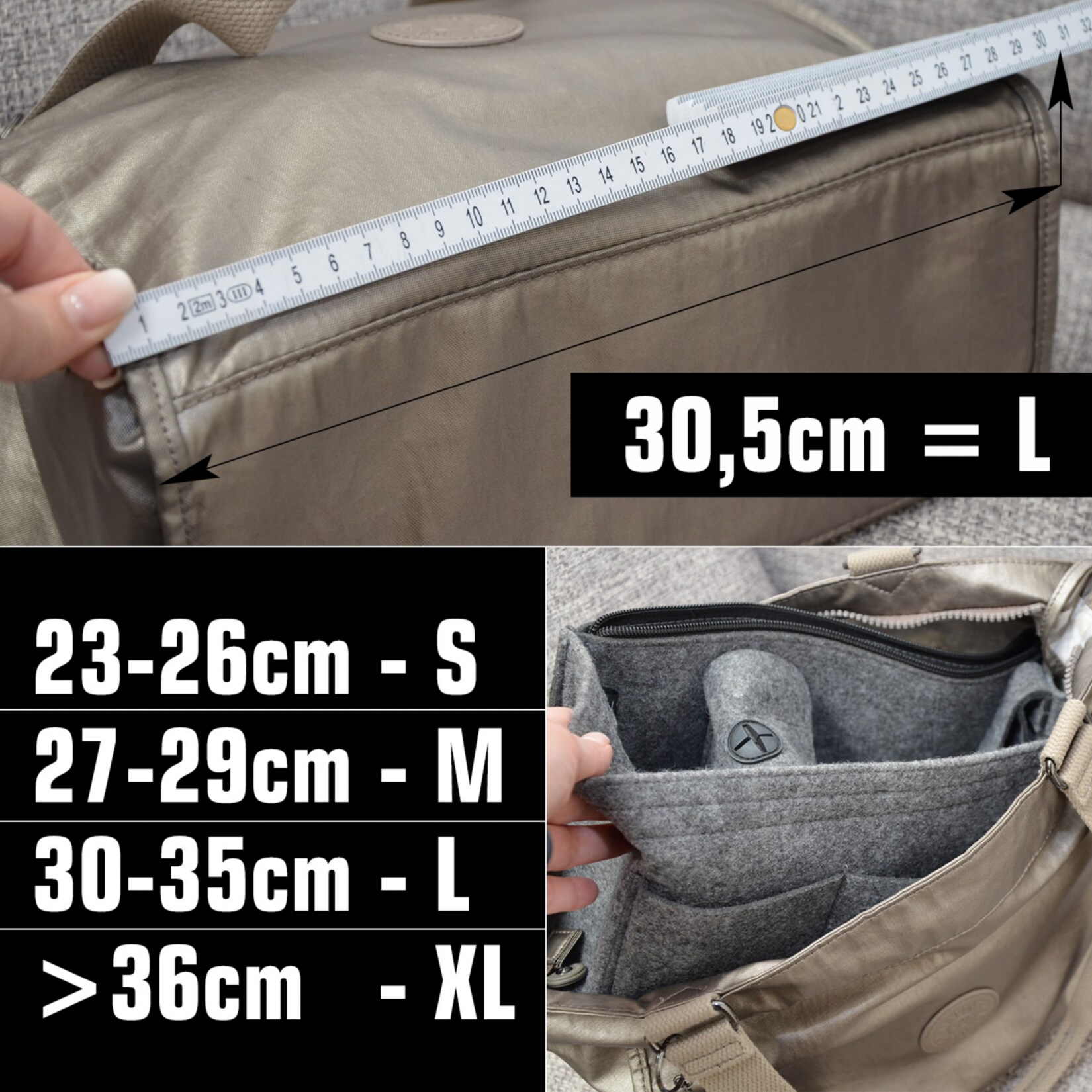 Handtaschen Organizer 30x12x17 cm Filz Tasche Innentasche Taschen Einsatz L Grau