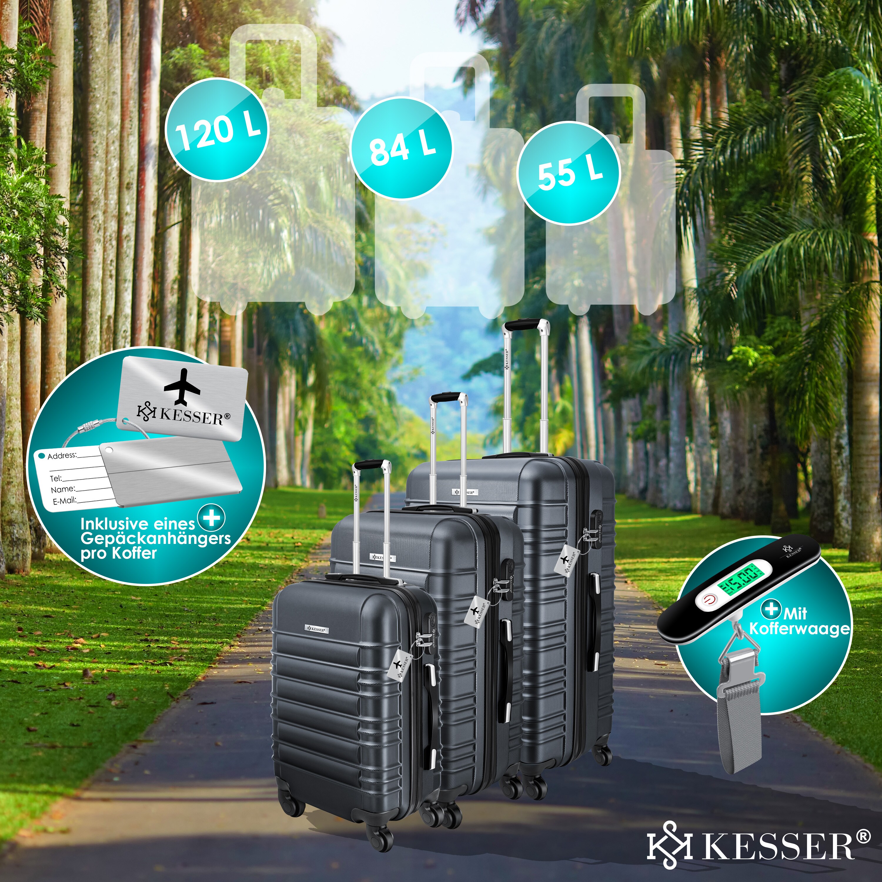 KESSER® 3tlg. Hartschalenkofferset Hartschalenkoffer Reisekoffer Set Reisekofferset Trolley Koffer Inkl. Kofferwaage + Gepäckanhänger Rollkoffer Schloss 4 Rollen ABS-Hartschale Teleskopgriff M-L-XL