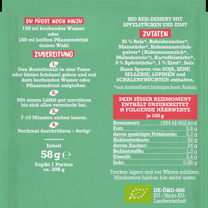 BIO Reis-Dessert Apfel-Zimt, 58g von Biovegan