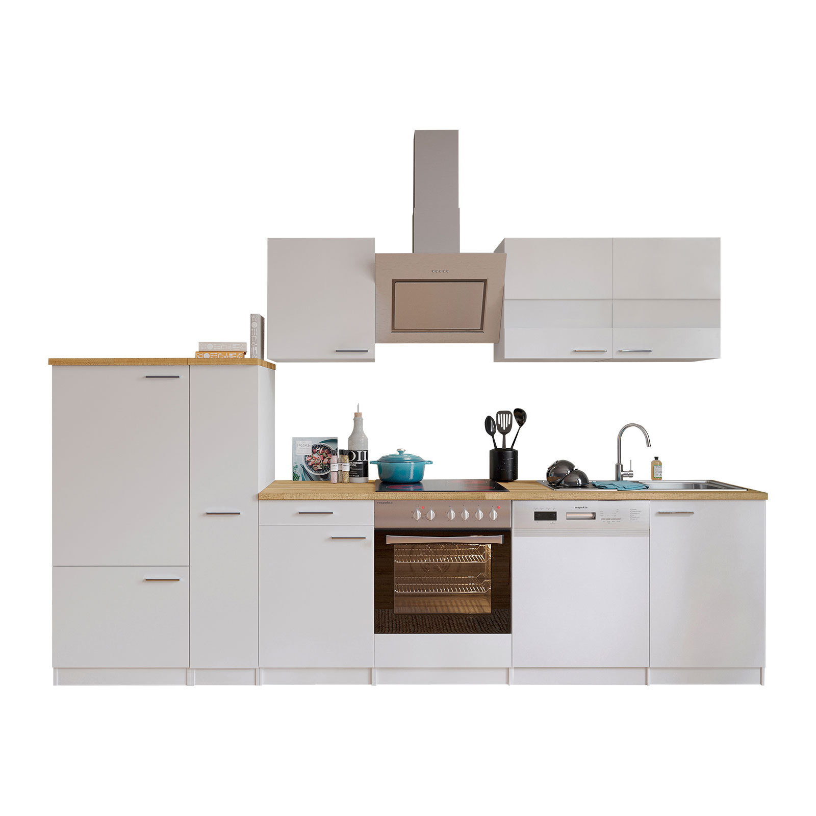 RESPEKTA Küchenblock - weiß - mit E-Geräten - 310 cm