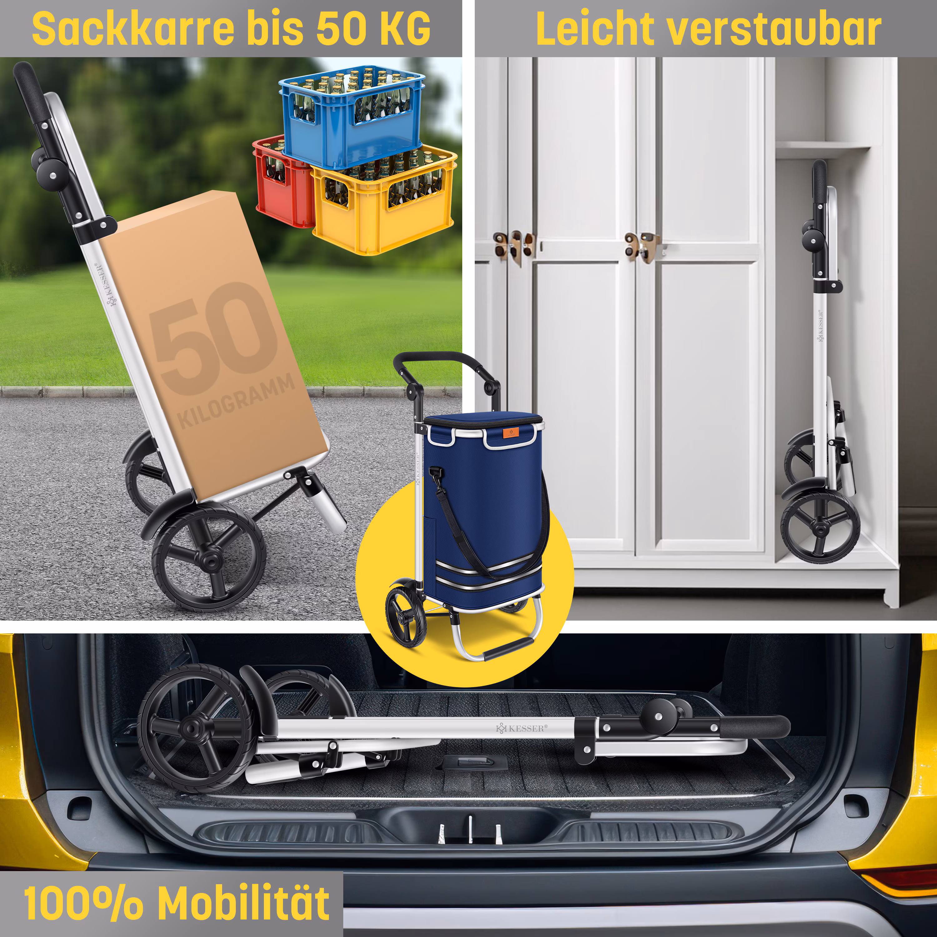 KESSER® Einkaufstrolley klappbar mit 56L Kapazität und belastbar bis 50kg | 3in1 Trolley Sackkarre & Umhängetasche | Faltbarer Einkaufswagen inkl. Kühlfach & Einkaufschip | Treppensteiger