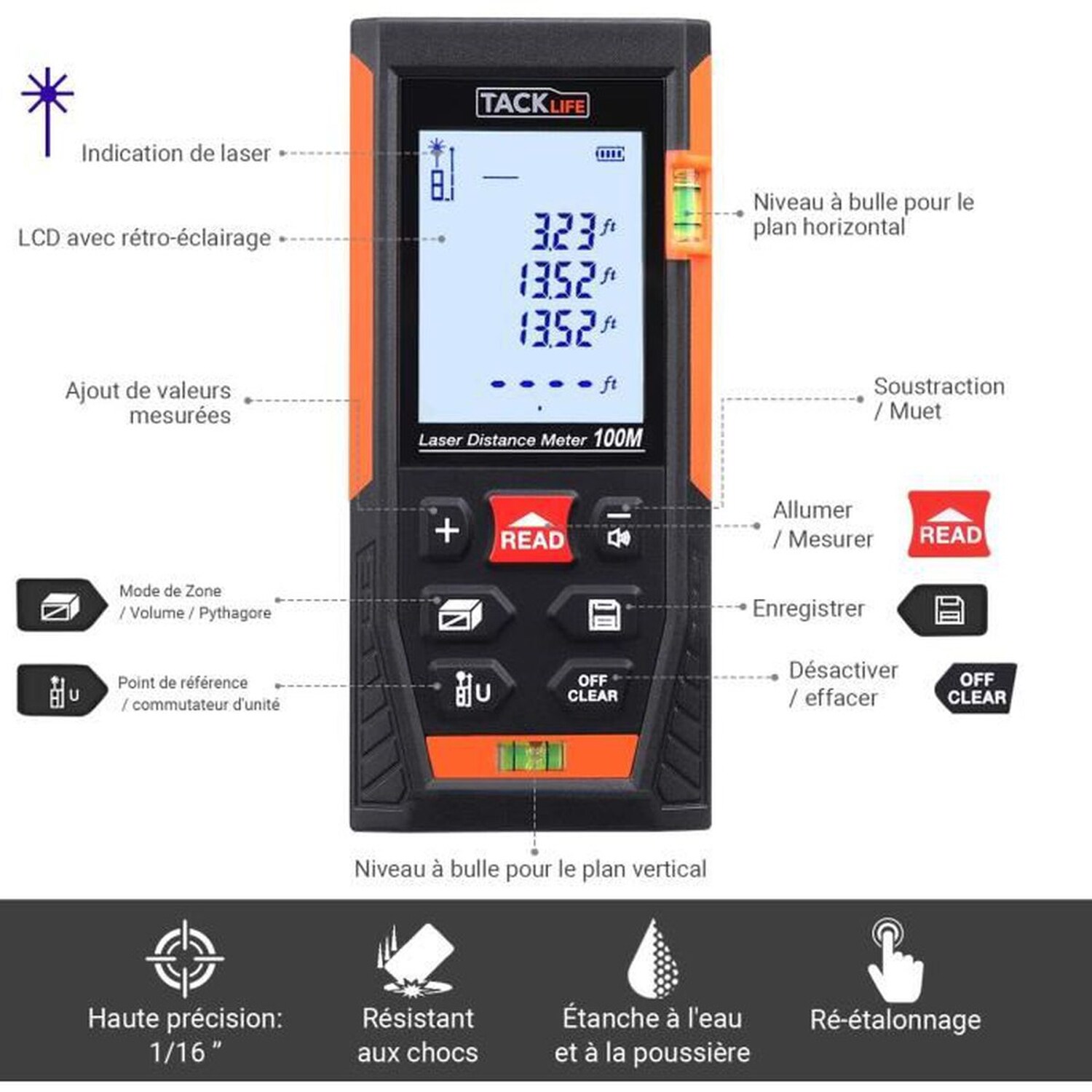 TACKLIFE HD 100, 100 m digitaler Laser-Entfernungsmesser, Messgerät mit 2 Ebenen zur Berechnung von Fläche und Volumen mit Pythagoras