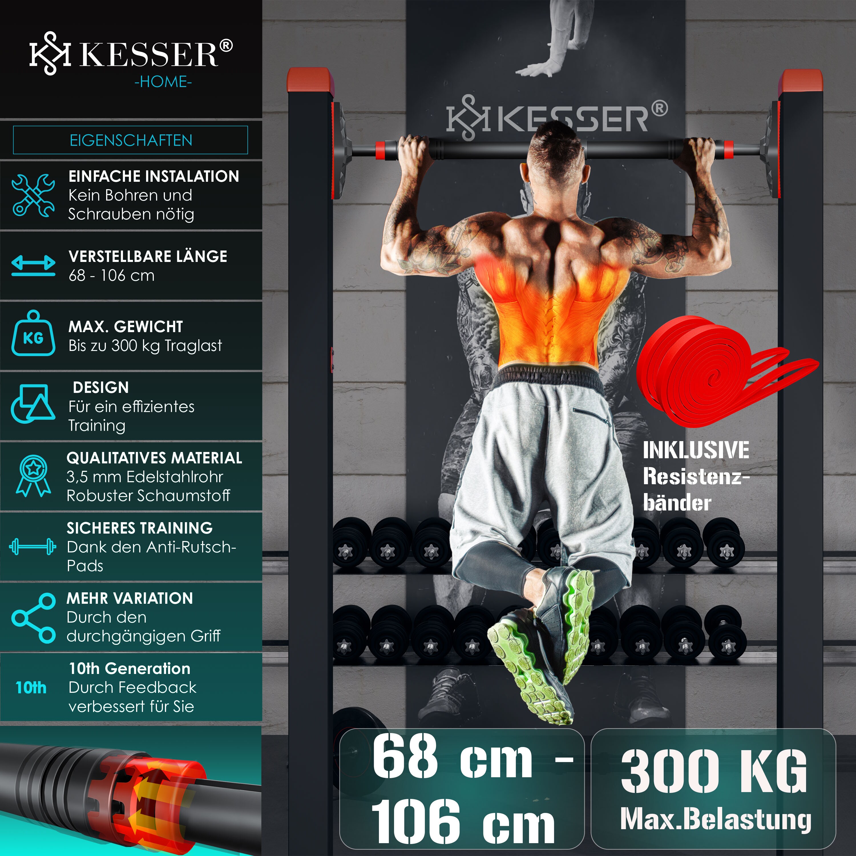 KESSER® Klimmzugstange Türrahmen verstellbar, Pull Up Bar Heimturnhalle, Reckstange ohne Schrauben/Bohren, 68-106 cm Ausziehbar, Tragfähigkeit bis zu 300Kg & rutschfeste Griffe, inkl. Resistenzbänder