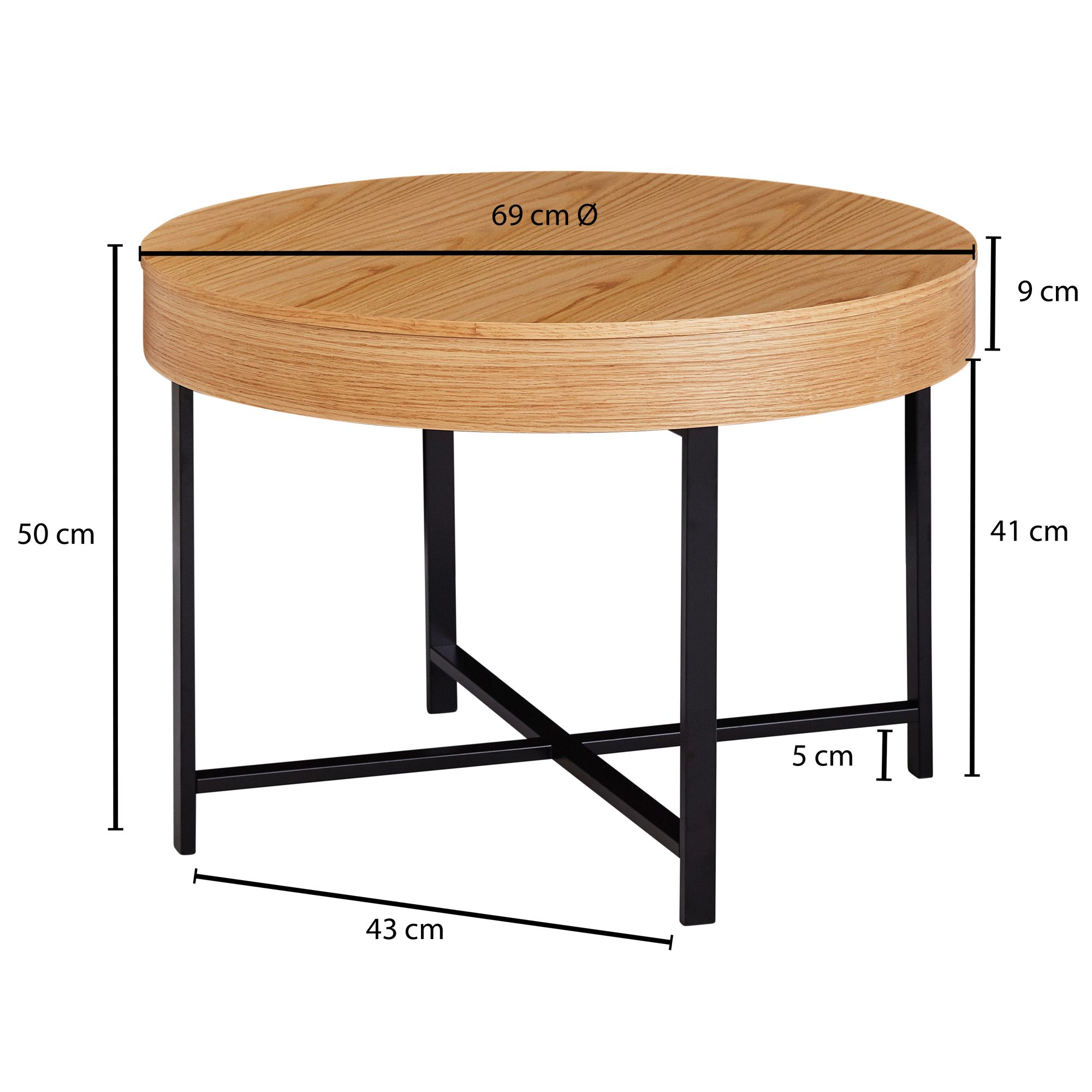KADIMA DESIGN Couchtisch Holzoptik-Metallbeine, runder Tisch mit Stauraum, 69x49x69 cm, moderner Industrial-Look.