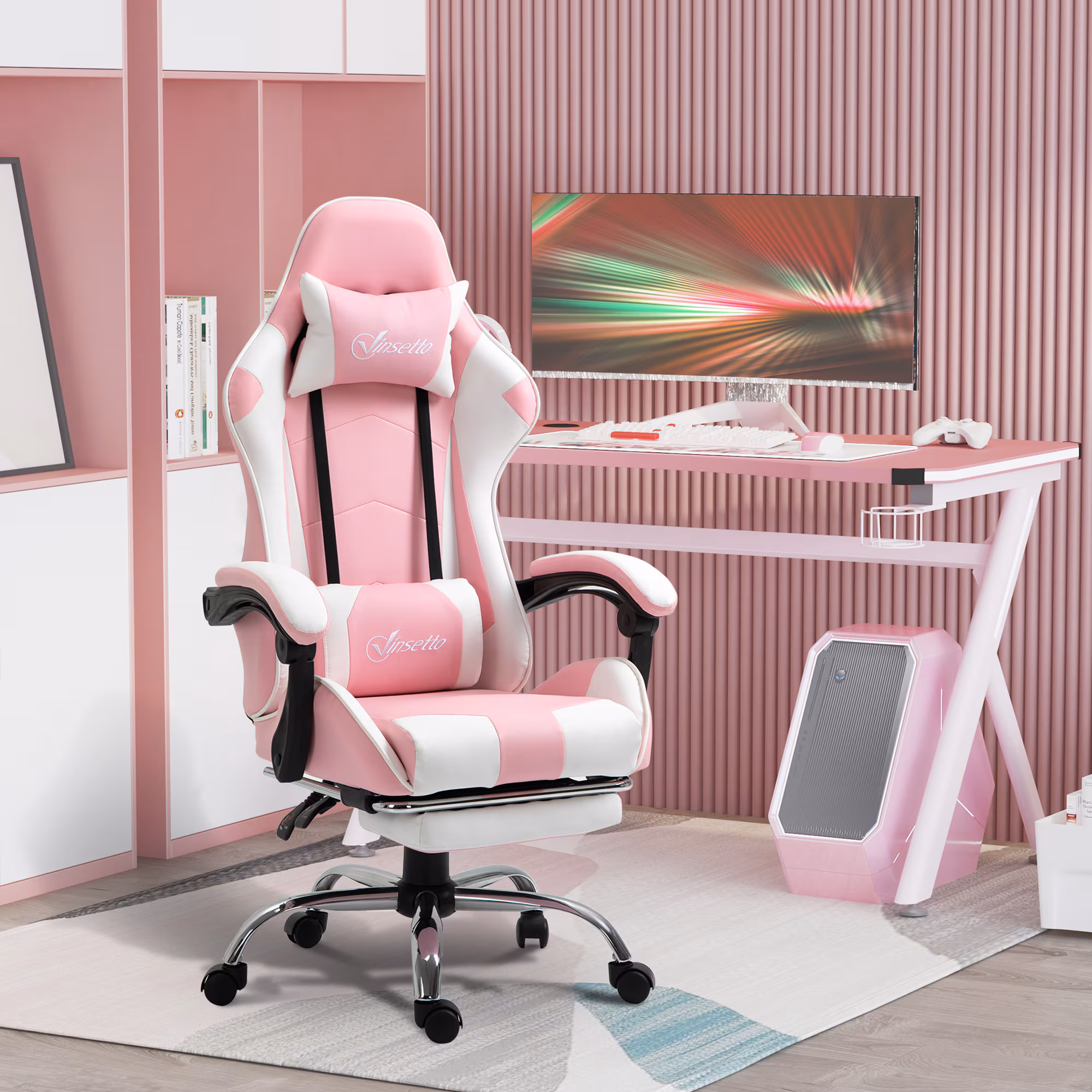 Vinsetto Gamingstuhl mit Rallystreifen rosa, weiß 64 x 67 x 127 cm (BxTxH)