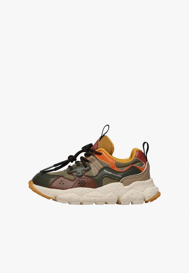 YAMANO 3 JUNIOR.Sneakers aus Kunstleder und technischem Gewebe, Militärgrün-Braun