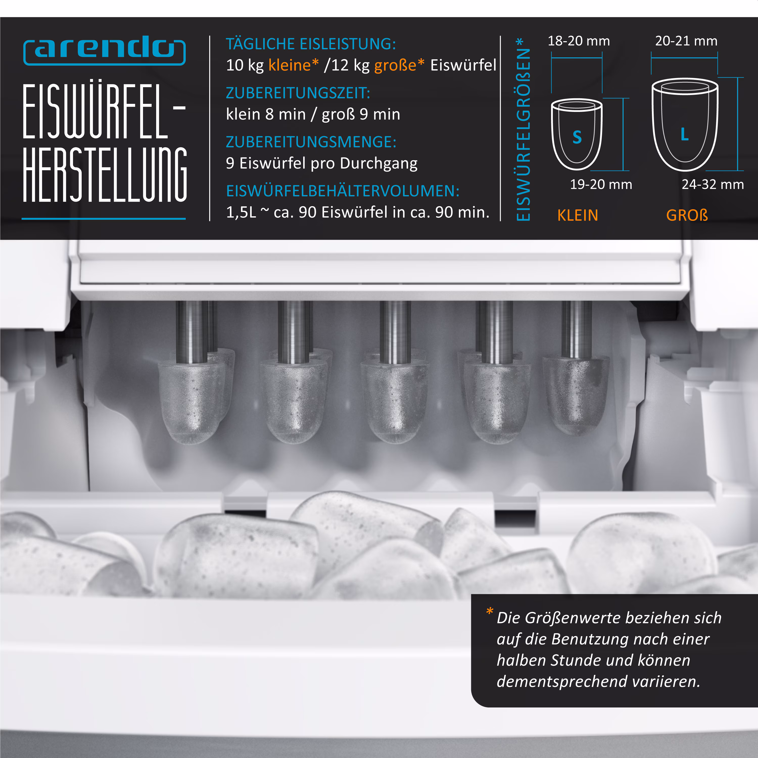 Arendo Eiswürfelmaschine 120W mit 1,5L Behälter Eiswürfelbereiter, 9 Eiswürfel in 9 Minuten