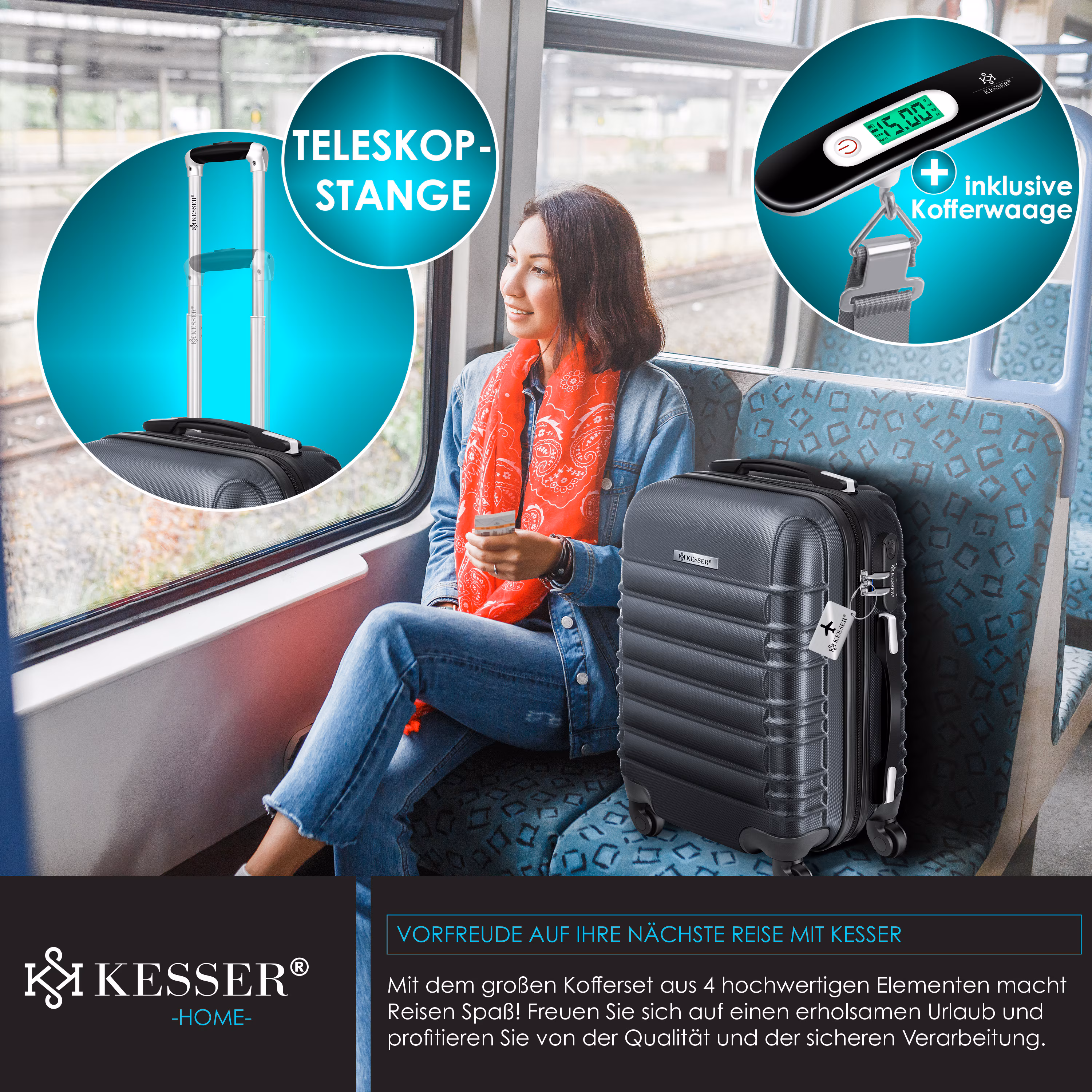 KESSER® 3tlg. Hartschalenkofferset Hartschalenkoffer Reisekoffer Set Reisekofferset Trolley Koffer Inkl. Kofferwaage + Gepäckanhänger Rollkoffer Schloss 4 Rollen ABS-Hartschale Teleskopgriff M-L-XL