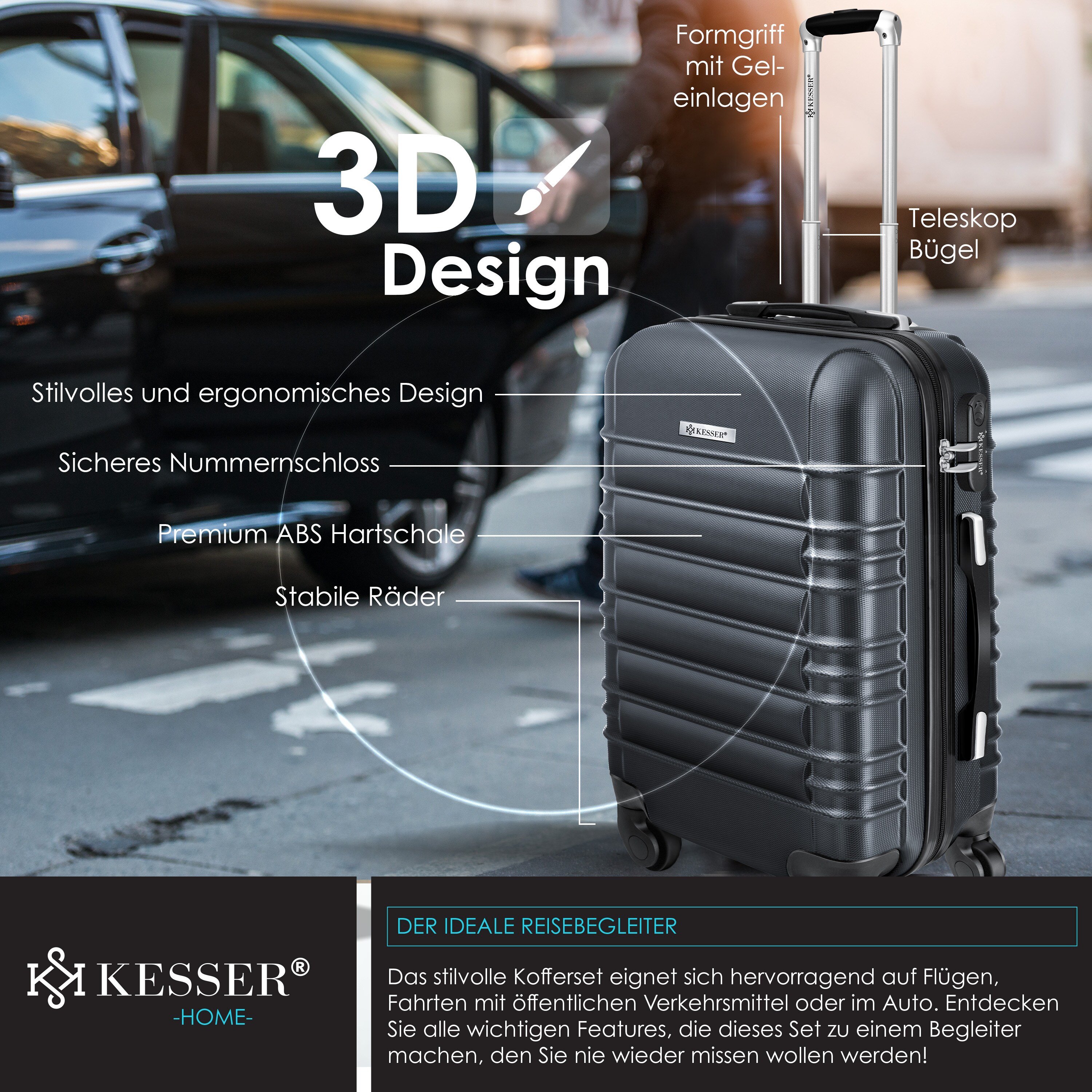 KESSER® 3tlg. Hartschalenkofferset Hartschalenkoffer Reisekoffer Set Reisekofferset Trolley Koffer Inkl. Kofferwaage + Gepäckanhänger Rollkoffer Schloss 4 Rollen ABS-Hartschale Teleskopgriff M-L-XL