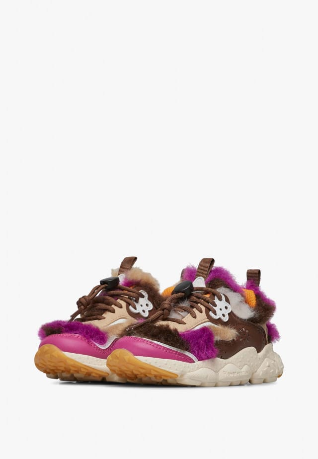 DOI JUNIOR.Sneakers aus Kunstleder und Wolle, Fuchsia-Braun