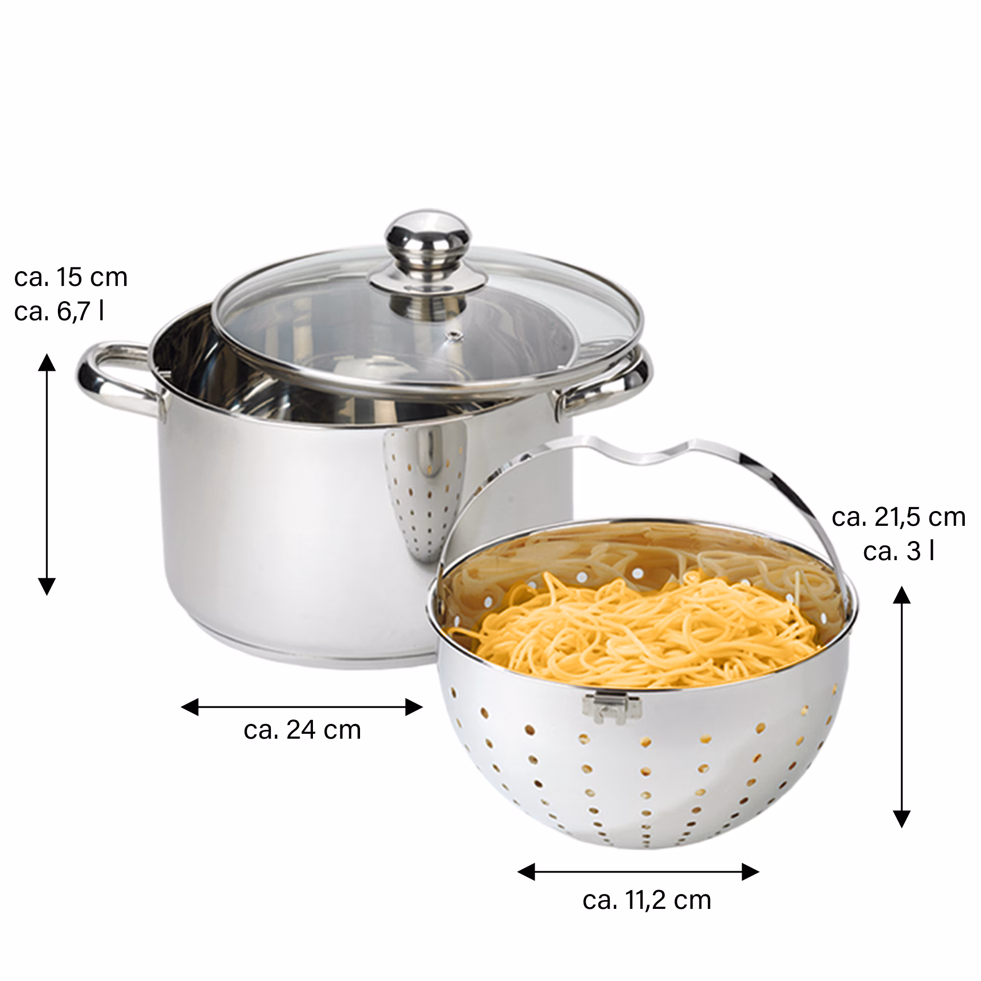BEYOND® Edelstahl Kochtopf 24 cm, mit Glasdeckel und herausnehmbarem Siebeinsatz