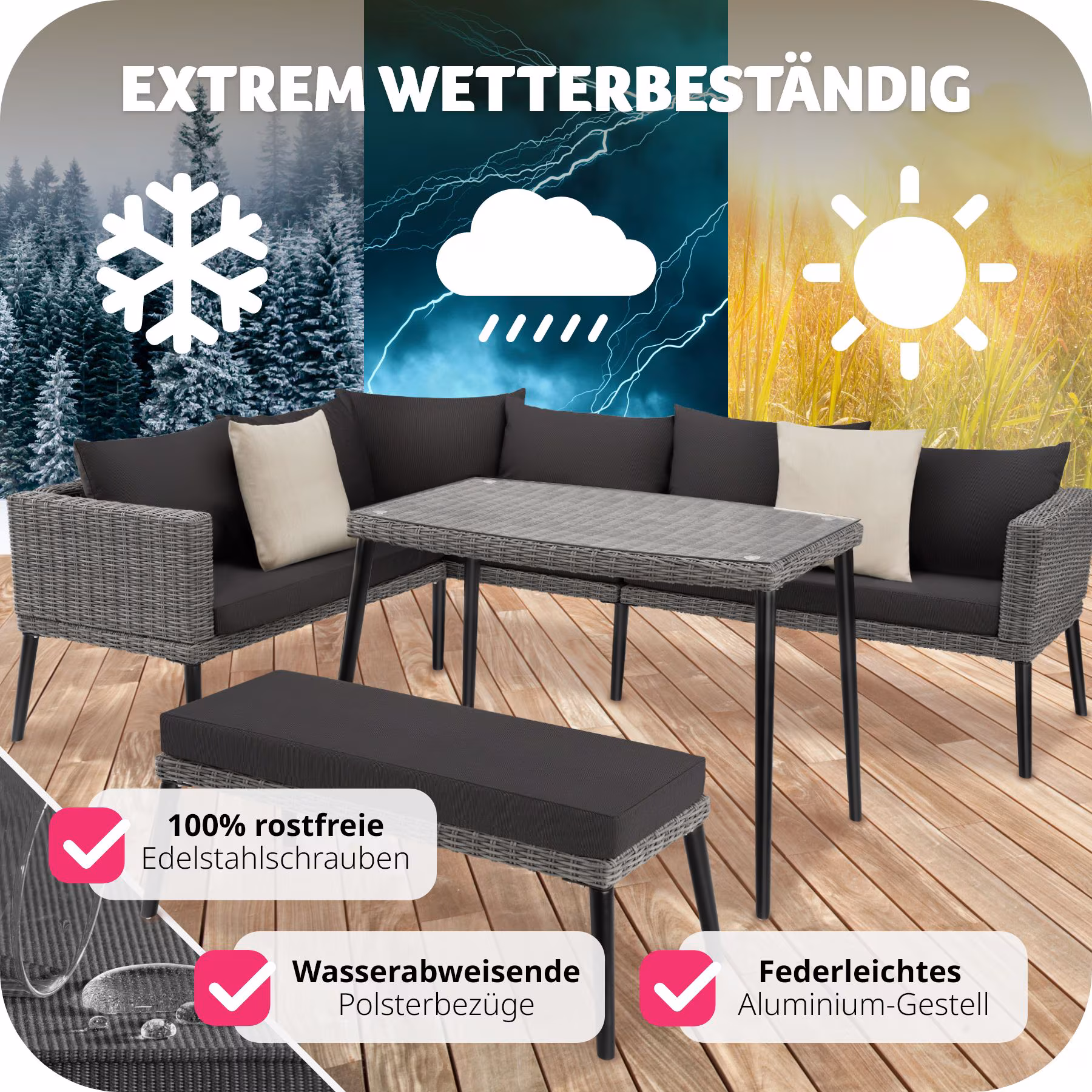 tectake® Rattan Lounge, mit Aluminiumgestell, wetterfest und UV-beständig, mit Sicherheitsglasplatte