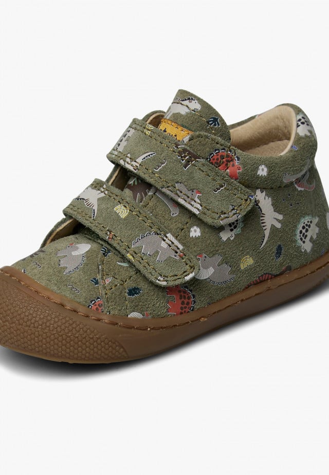 NATURINO COCOON VLLauflernschuhe aus Veloursleder mit Dinosaurier-Print, Militärgrün