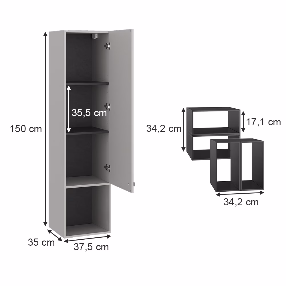 Vicco Hängeschrank Gerta, 37,5 x 150 cm, Grau-Schwarz, Badschrank hängend mit 1 Tür