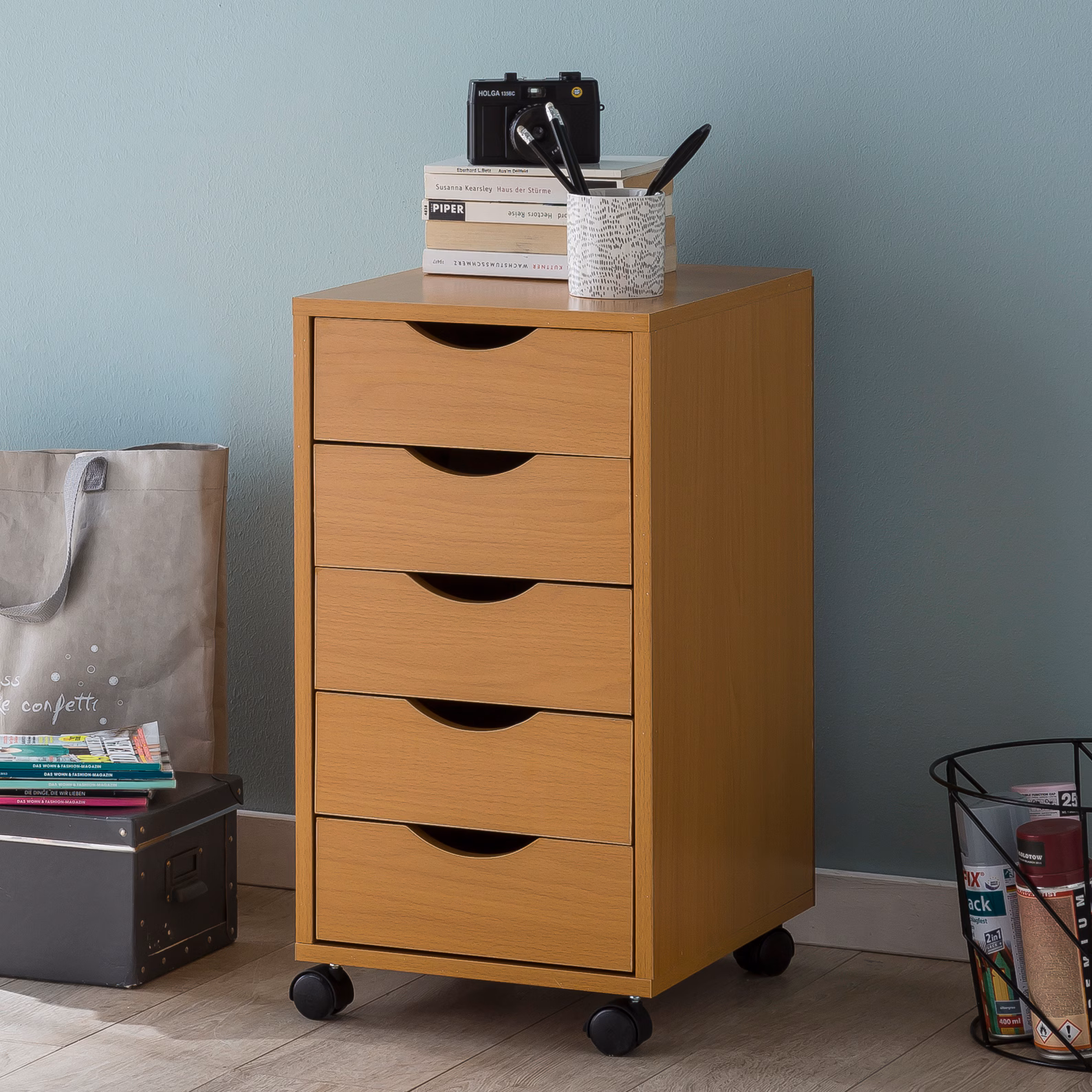 KADIMA DESIGN Rollcontainer Buche, Stilvoller & geräumiger Schreibtisch-Container mit 5 Schubladen