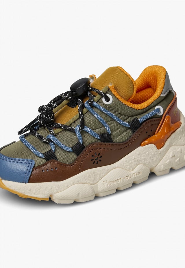 RAIKIRI JUNIOR.Sneakers aus Kunstleder und technischem Gewebe, Militärgrün-Braun