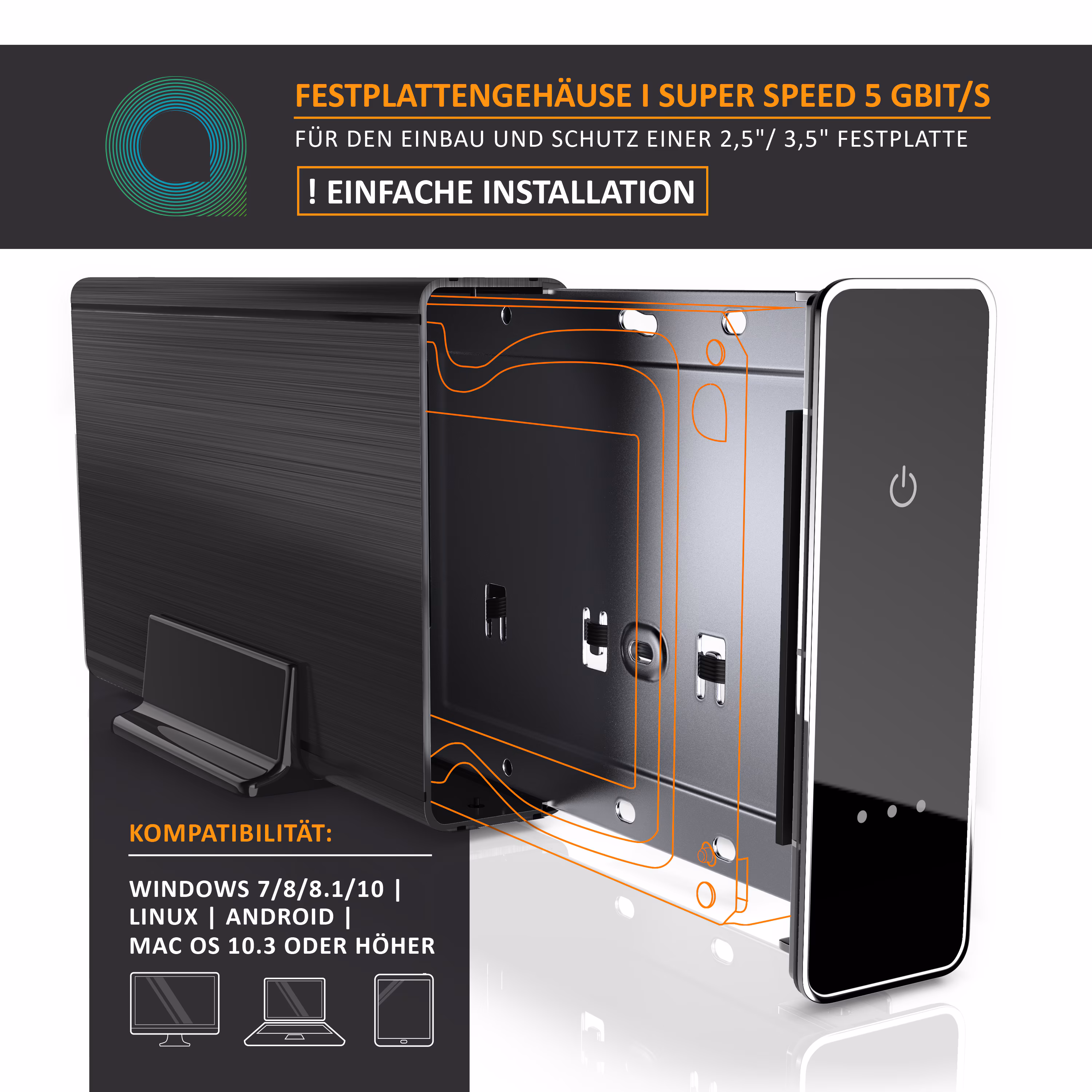 Aplic USB 3.0 Festplattengehäuse 3,5 Zoll extern - gebürstetes Aluminium - für SSD und HDD - SATA - UASP - Super Speed 5 Gbit s - Plug and Play