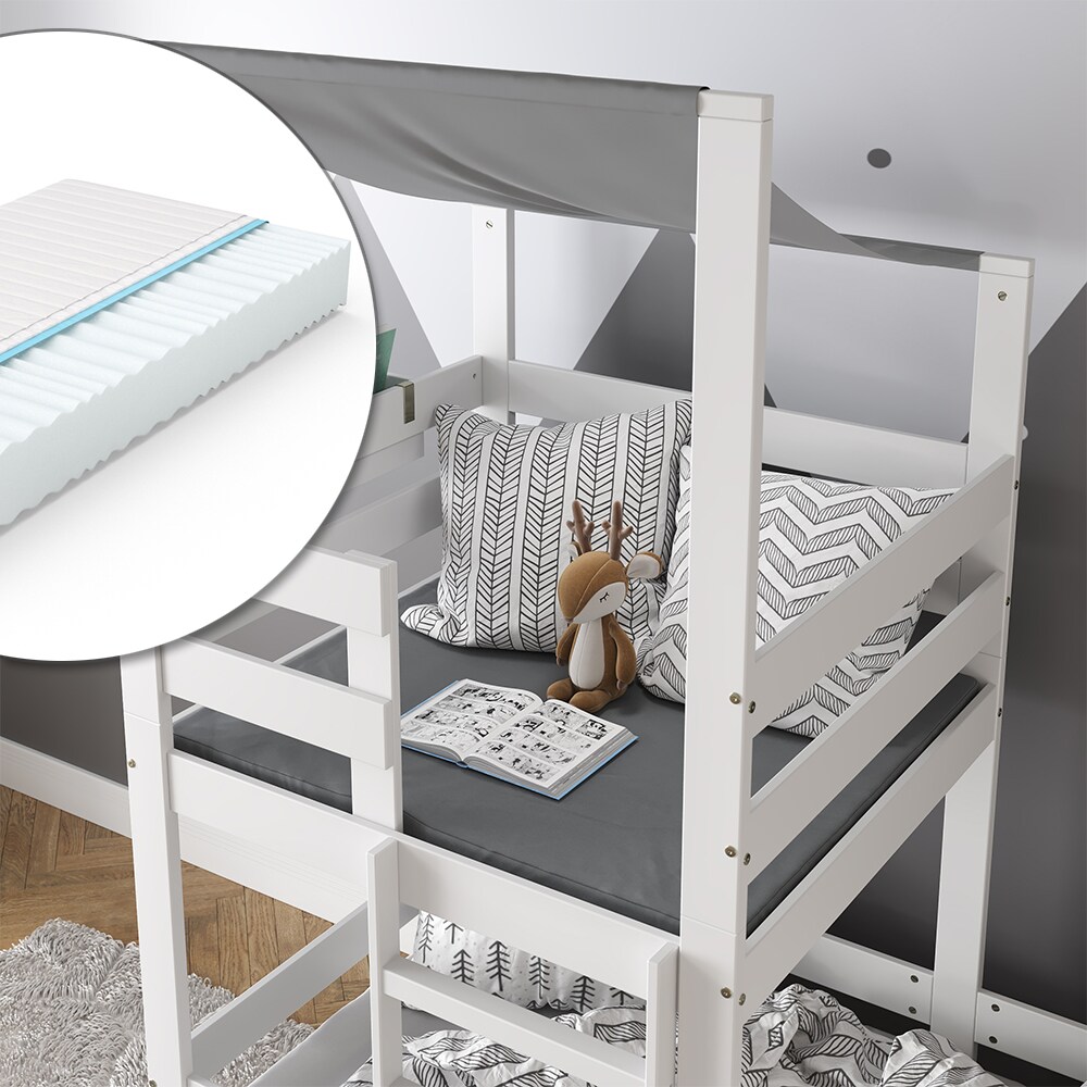 VitaliSpa Spielturmbett Kinderbett Spielbett Tom Weiß modern 204x218 cm Massivholz Kinderzimmer Lattenrost Bettleiter Bett Schublade Matratze Abenteuerbett Kletterbett