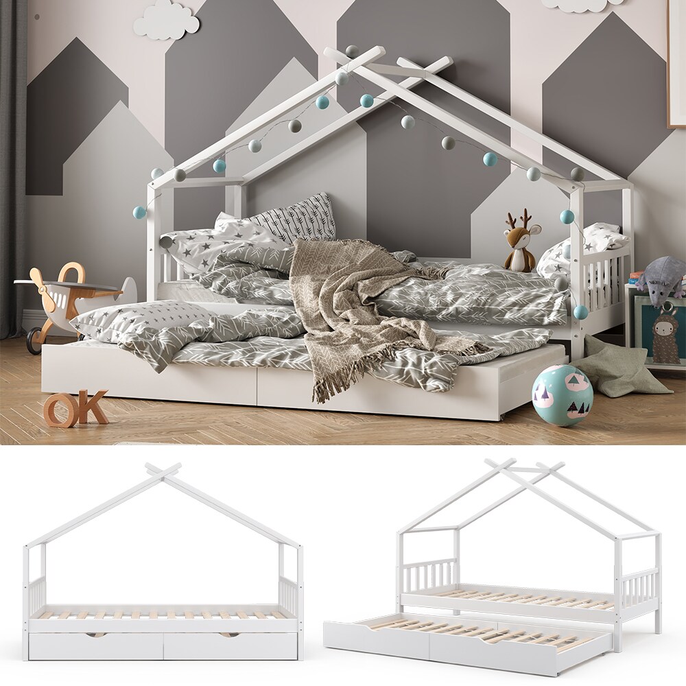 VITALISPA Kinderbett DESIGN Hausbett Gästebett Lattenrost weiß 90x200 Schublade