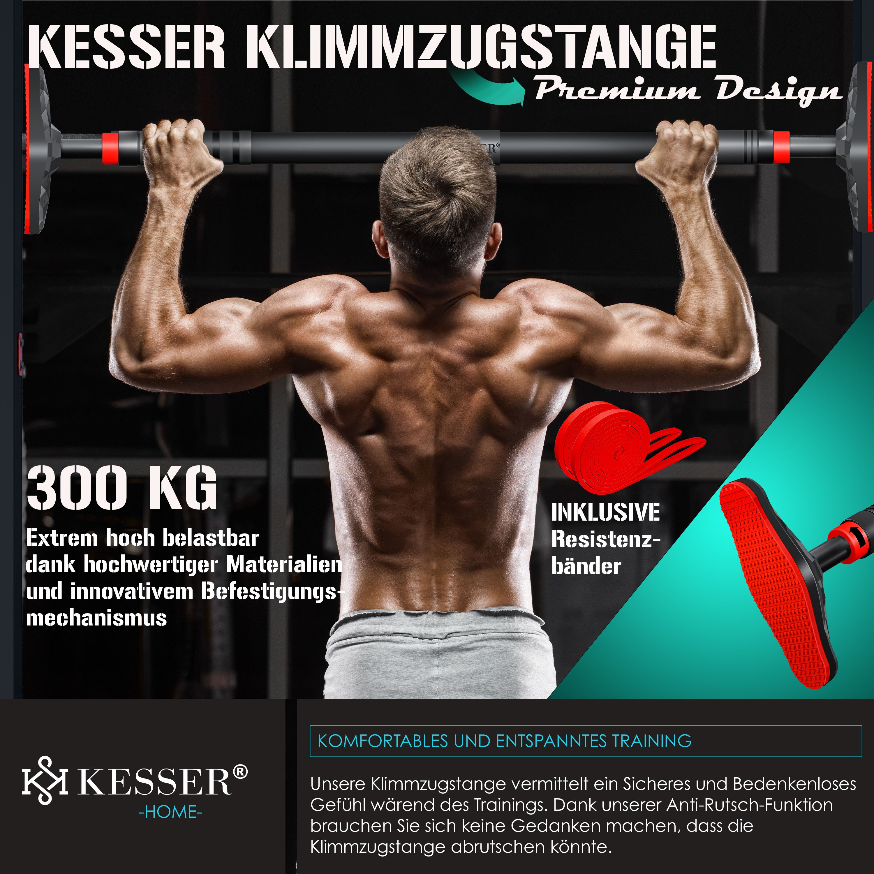 KESSER® Klimmzugstange Türrahmen verstellbar, Pull Up Bar Heimturnhalle, Reckstange ohne Schrauben/Bohren, 68-106 cm Ausziehbar, Tragfähigkeit bis zu 300Kg & rutschfeste Griffe, inkl. Resistenzbänder