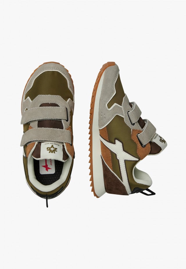 JET VL-J.Sneakers aus technischem Gewebe und Veloursleder, Taupe-Militärgrün