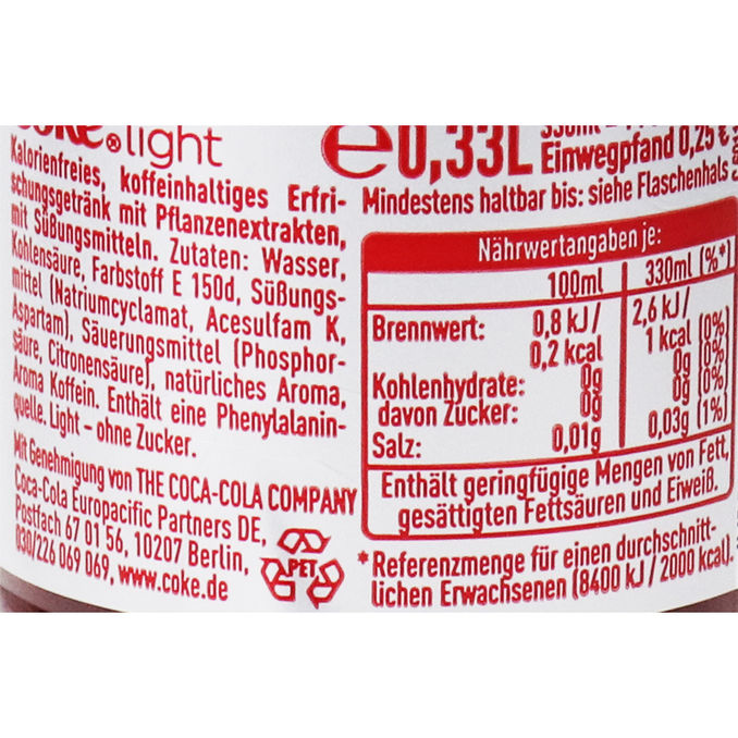 Coca-Cola Light, 6er Pack (EINWEG) zzgl. Pfand, 6x0,33L von Coca-Cola