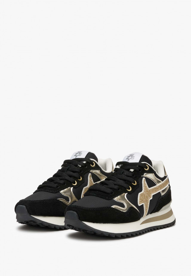 YAK-J.Sneakers aus technischem Gewebe, Leder und Veloursleder, Schwarz-Platin