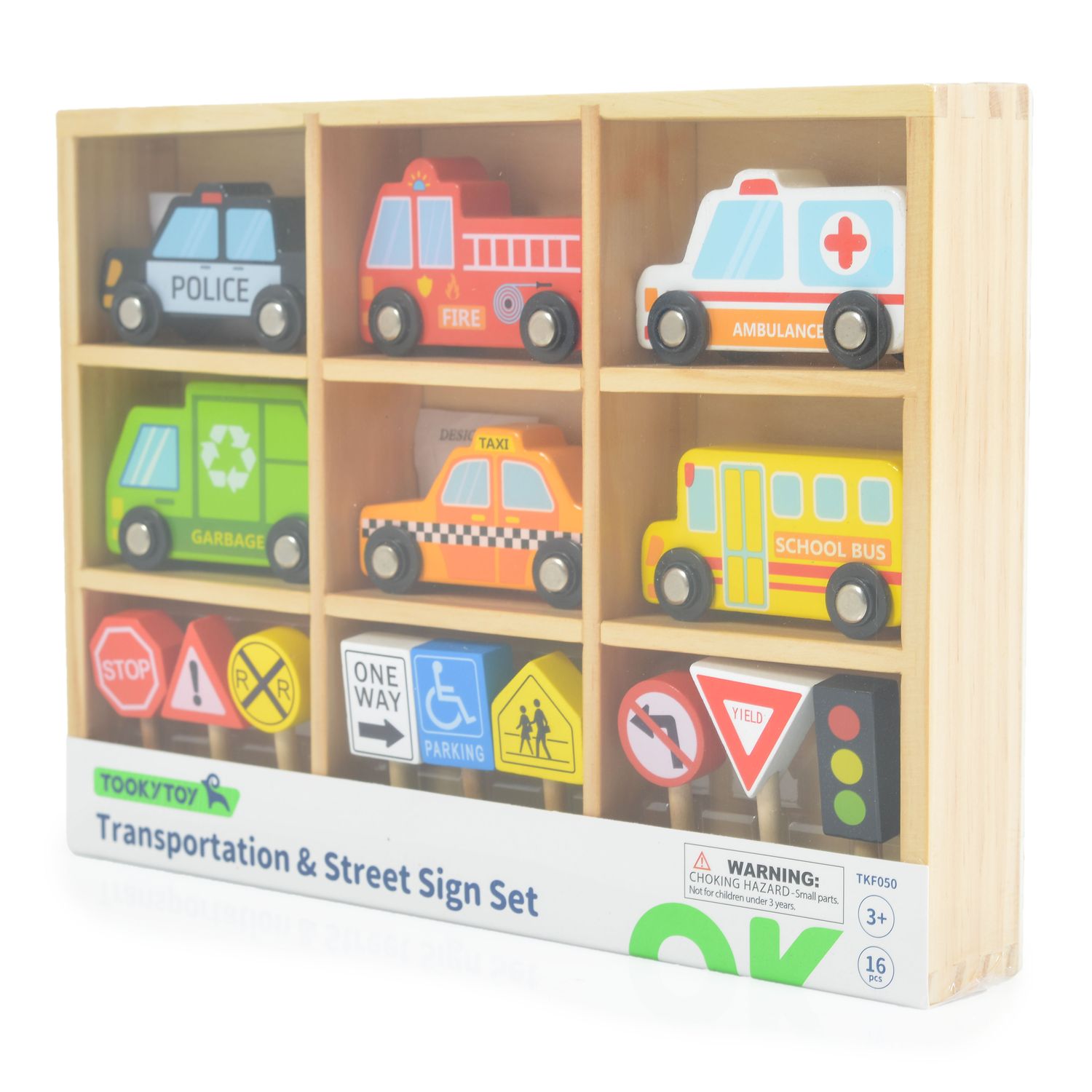 Tooky Toy Spielzeugautos 16-teilig TKF050 Holz-Setzkasten, Transport, Schilder bunt