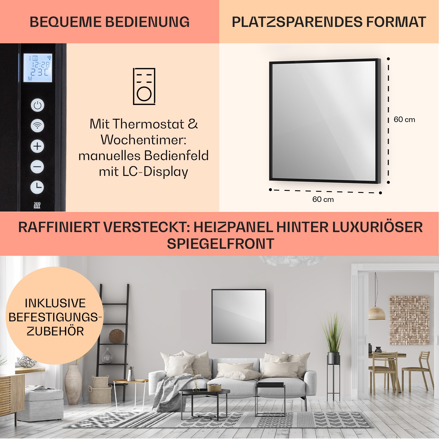 La Palma 500 smart 2-in-1 Heizgerät Infrarot Konvektor 60x60cm 500W Spiegelfront