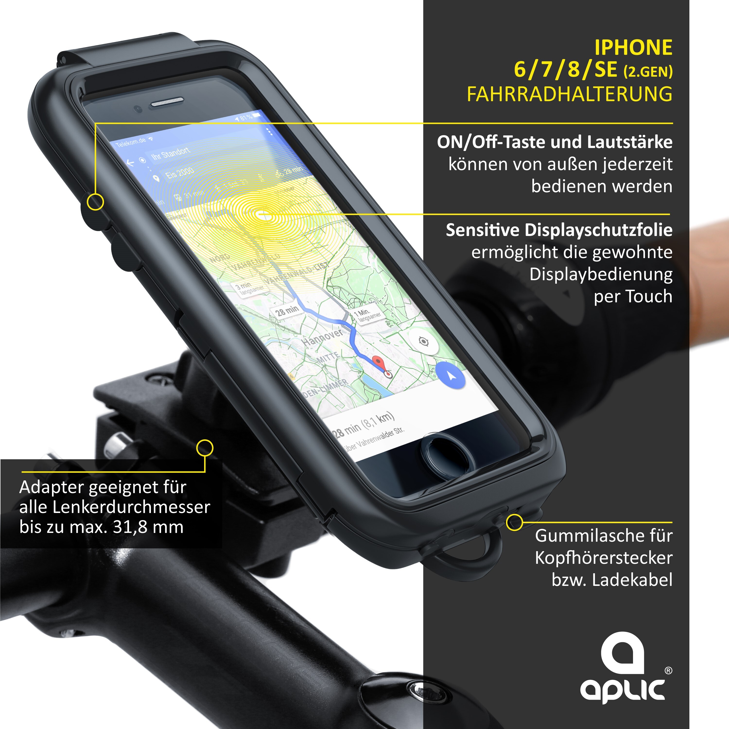 Aplic wasserabweisende Fahrradhalterung für Apple iPhone 6 / 7 für alle Fahrradtypen und Lenker
