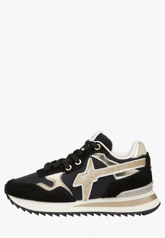 YAK-J.Sneakers aus technischem Gewebe, Leder und Veloursleder, Schwarz-Platin